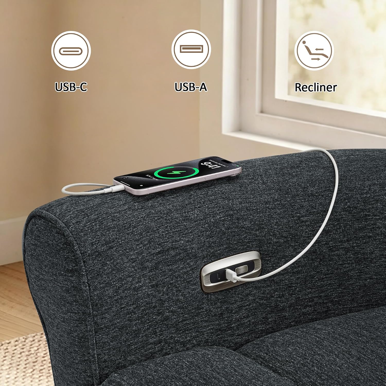 MCombo Wall Hugger Power Recliner Chair for Small Spaces RV Living Room, USB & Type-C Charging Ports, Extra Wide 24' Seat, Rolled Arm Electric Reclining Chair, Pet-Friendly Fabric PR630 (Dark Grey)