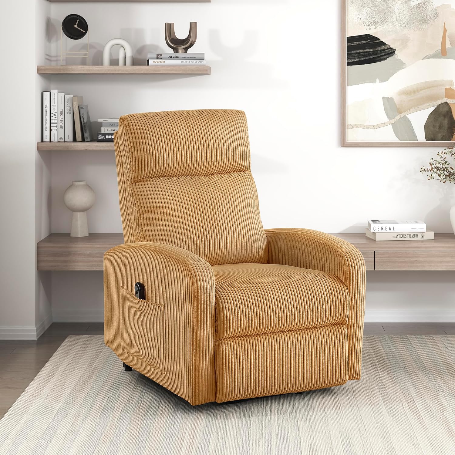 Lexicon Power Lift Recliner Chair for Elderly with Remote Control, Gentle Lift Motion, Side Pocket Armrest, Corduroy Upholstered Electric Recliner for Living Room/Bedroom, Easy Assembly, Yellow