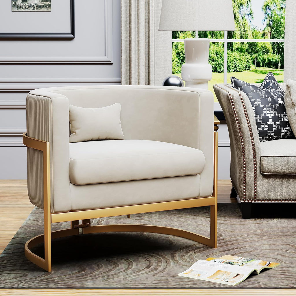 Velvet Accent Chair Modern Barrel Chair with Gold Legs Upholstered Armchair for Bedroom Living Room Sofa Chair Club Side Chairs Ivory