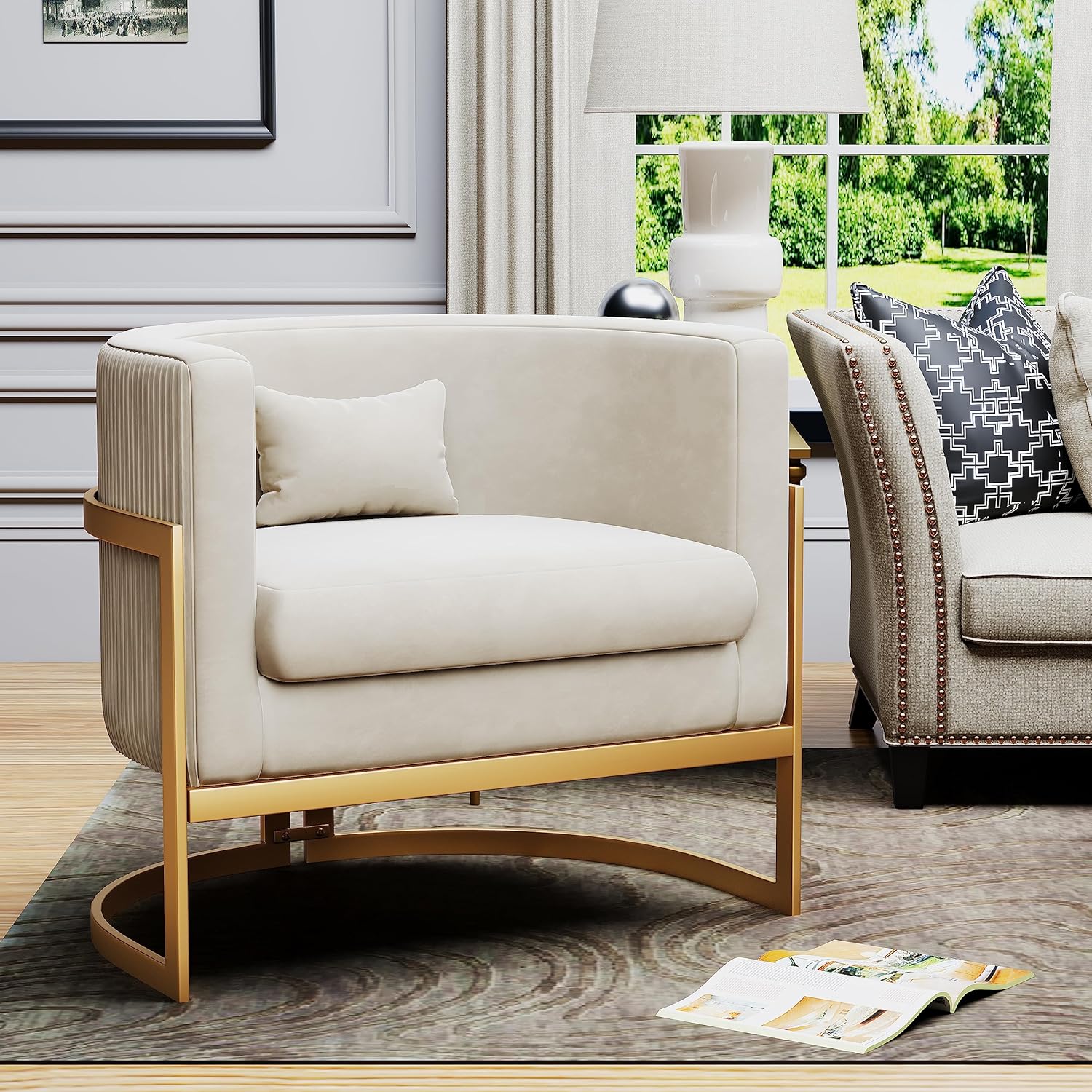 Velvet Accent Chair Modern Barrel Chair with Gold Legs Upholstered Armchair for Bedroom Living Room Sofa Chair Club Side Chairs Ivory