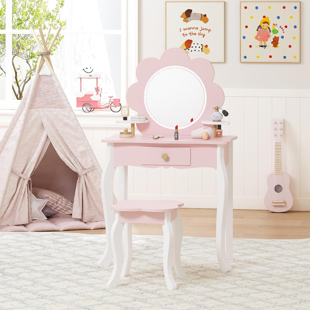 Spirich Kids Vanity, Girls Vanity Set with Mirror and Stool and Lights, Kids Vanity Table and Chair Set, Wooden Princess Makeup Desk Dressing Table (Flower Shape with LED Strip)
