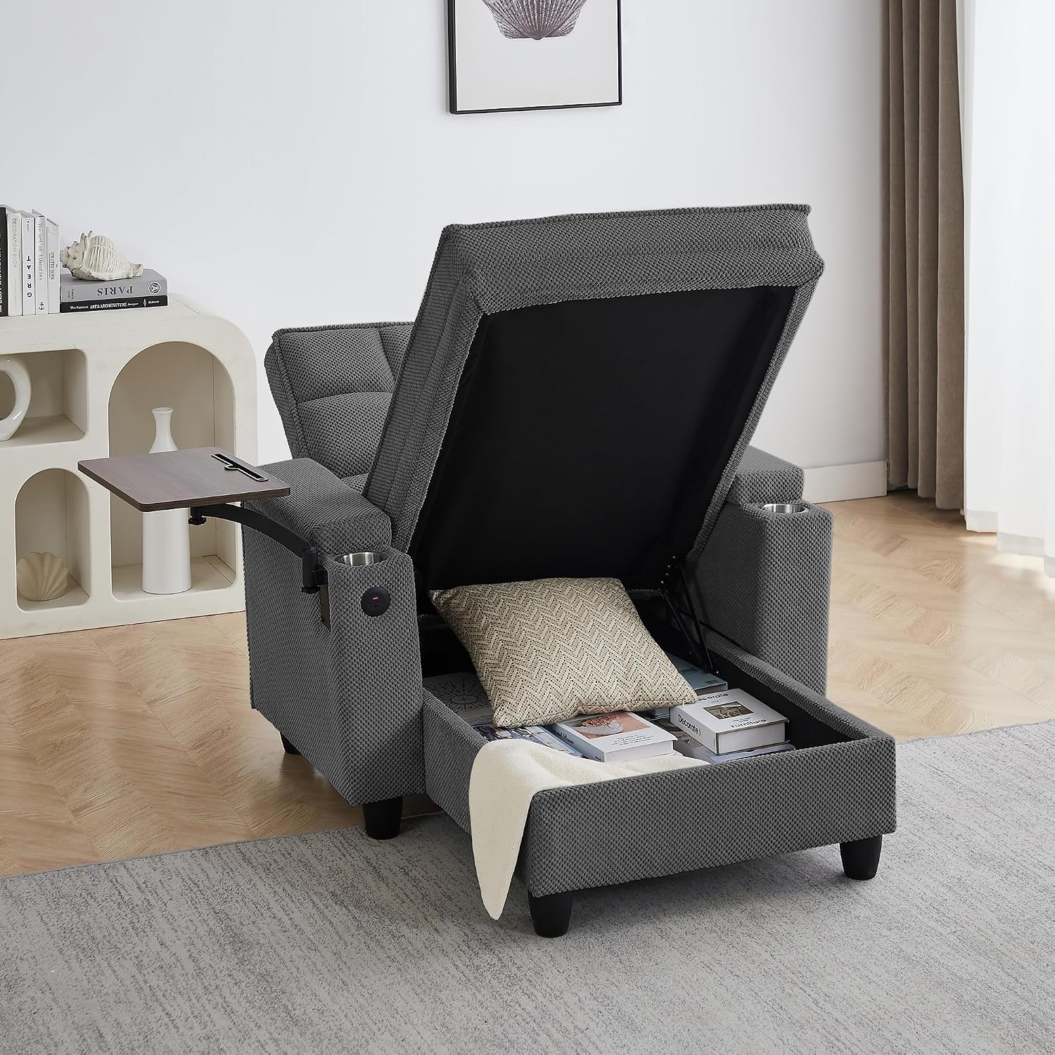 Eafurn Convertible Chaise Lounge Sleeper Chair with Storage and 6-Position Reclining Backrest,Modern Tufted Recliner Lounge Chaise Chair with Swivel Tray Table & USB Port for Living Room