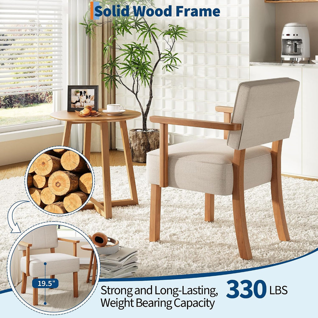 Garvee Mid-Century Accent Chair Set of 2 with Wood Frame, Linen Fabric Upholstered Lounge Arm Chair with Classic Vertical Stripe Reading Leisure Chair for Living Room, Bedroom, Balcony, Beige