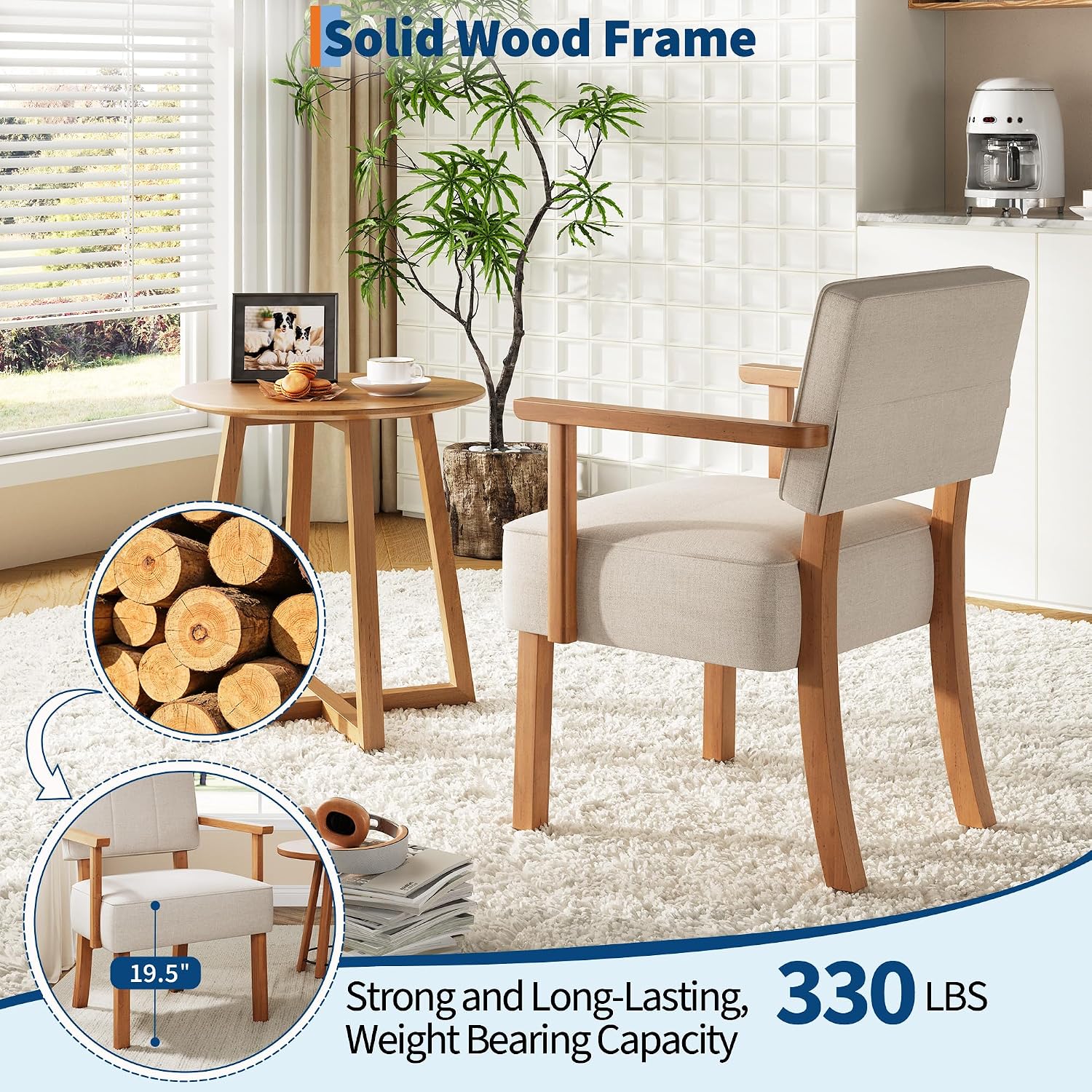 Garvee Mid-Century Accent Chair Set of 2 with Wood Frame, Linen Fabric Upholstered Lounge Arm Chair with Classic Vertical Stripe Reading Leisure Chair for Living Room, Bedroom, Balcony, Beige