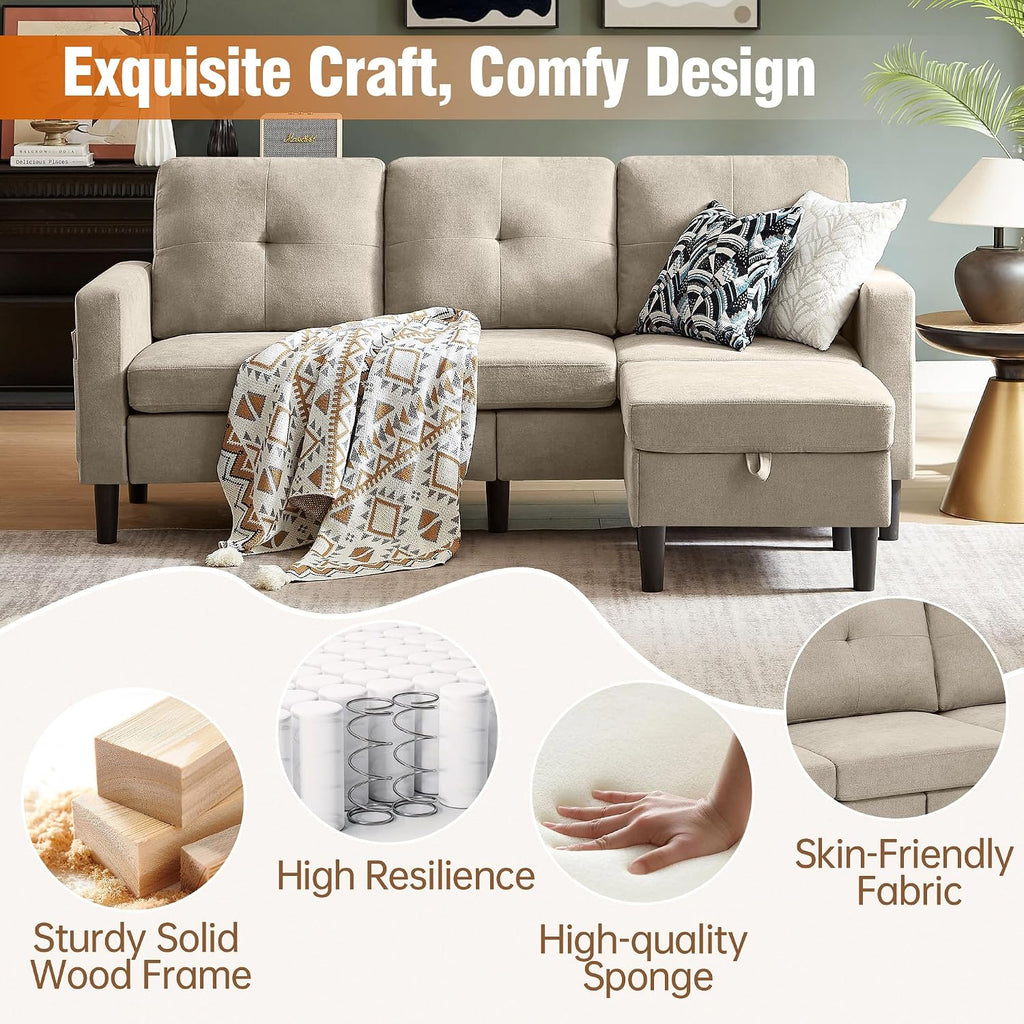 Sectional Sofa Couches for Living Room, L Shaped Couch 3-Seat Convertible Sectional Sofas with Removable Storage Ottoman, Modern Polyester Fabric (Beige)