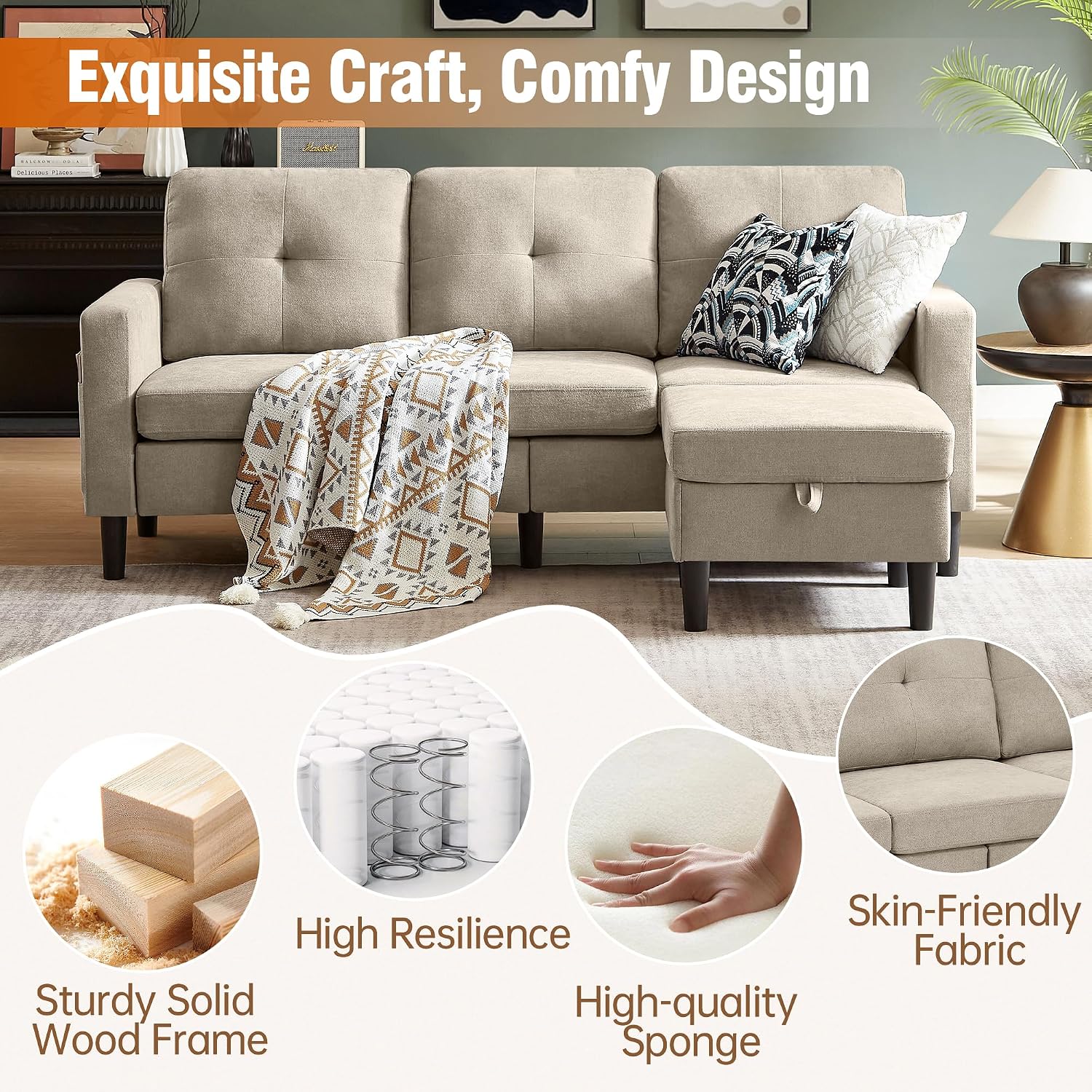 Sectional Sofa Couches for Living Room, L Shaped Couch 3-Seat Convertible Sectional Sofas with Removable Storage Ottoman, Modern Polyester Fabric (Beige)