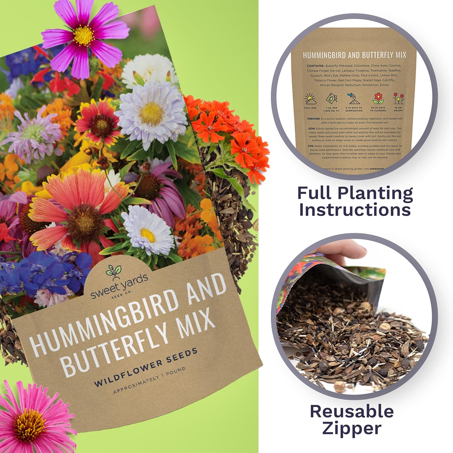 Bulk Wildflower Seeds Butterfly and Humming Bird Mix - 5 Pounds - Over 600,000 Open Pollinated Annual and Perennial Seeds