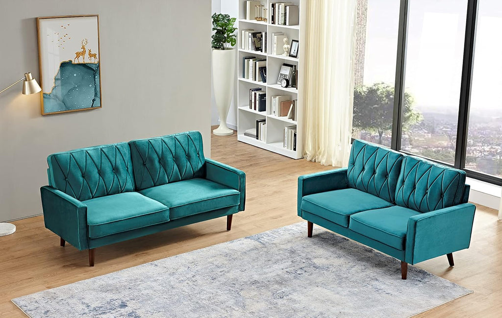 Container Furniture Modern Style Tufted Velvet Couches for Living Room with Soft Fabric Upholstery and Solid Wood Frame, 2 Piece Sofa and Loveseat Set, Green
