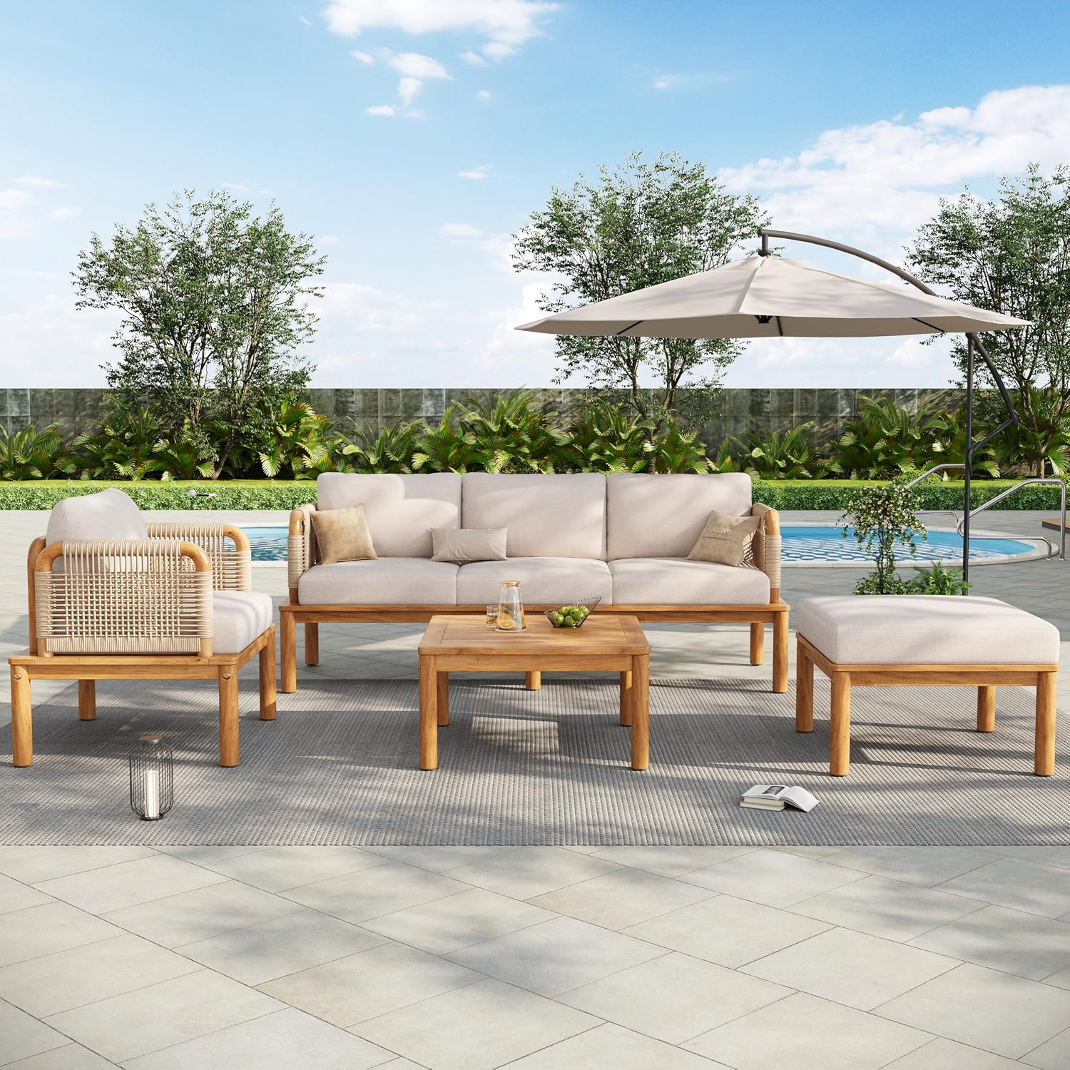 Christopher Knight Home Coby 4-Piece Acacia Wood Patio Furniture Set, Outdoor Conversation Sofa Set with Club Chair, Coffee Table and Ottoman, Patio Sectional Chat Set for Backyard/Balcony, Teak+Beige