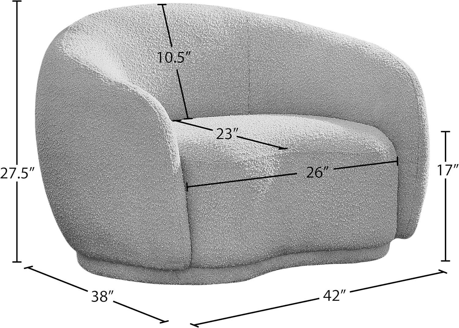 Meridian Furniture 693Grey-C Hyde Collection Modern | Contemporary Boucle Fabric Upholstered Accent Chair with Rounded Back, Grey, 42' W x 38' D x 27.5' H