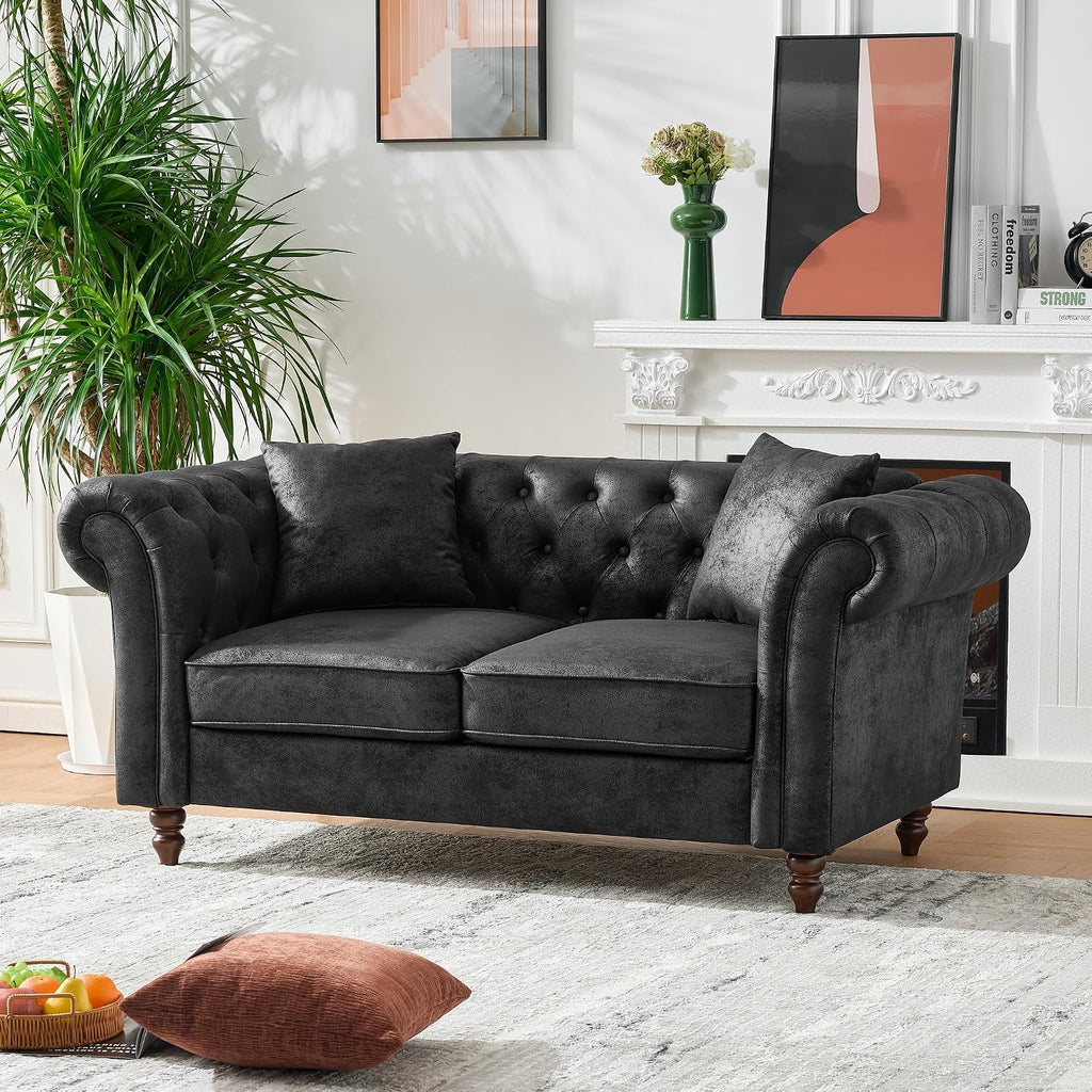 GDFStudio 66' Chesterfield Tech Loveseat Sofa Couch, Mid Century Modern 2 Seat Sofa & Couches with Pillows, Roll Armrest Upholstered Couch for Living Room Apartment Office Home Seating, Black