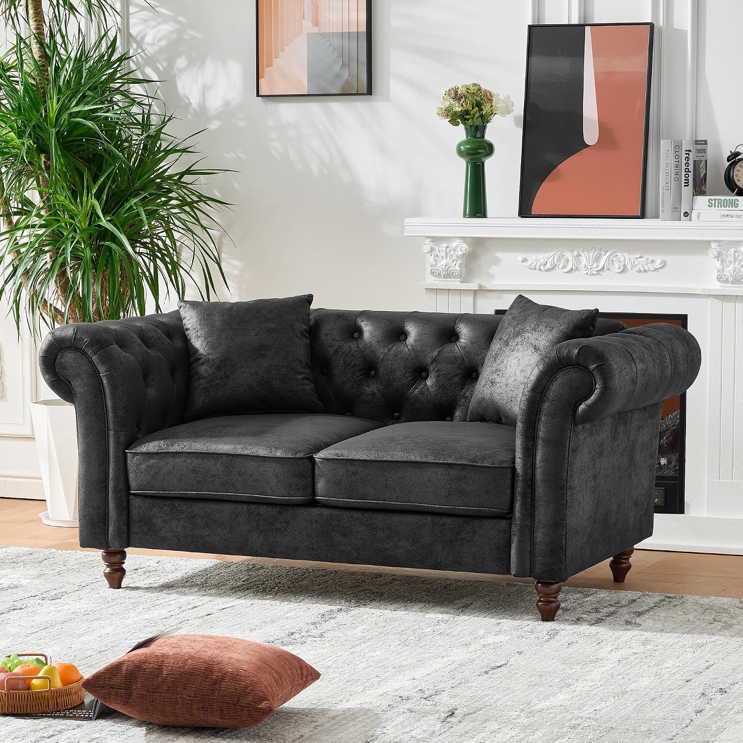 GDFStudio 66' Chesterfield Tech Loveseat Sofa Couch, Mid Century Modern 2 Seat Sofa & Couches with Pillows, Roll Armrest Upholstered Couch for Living Room Apartment Office Home Seating, Black