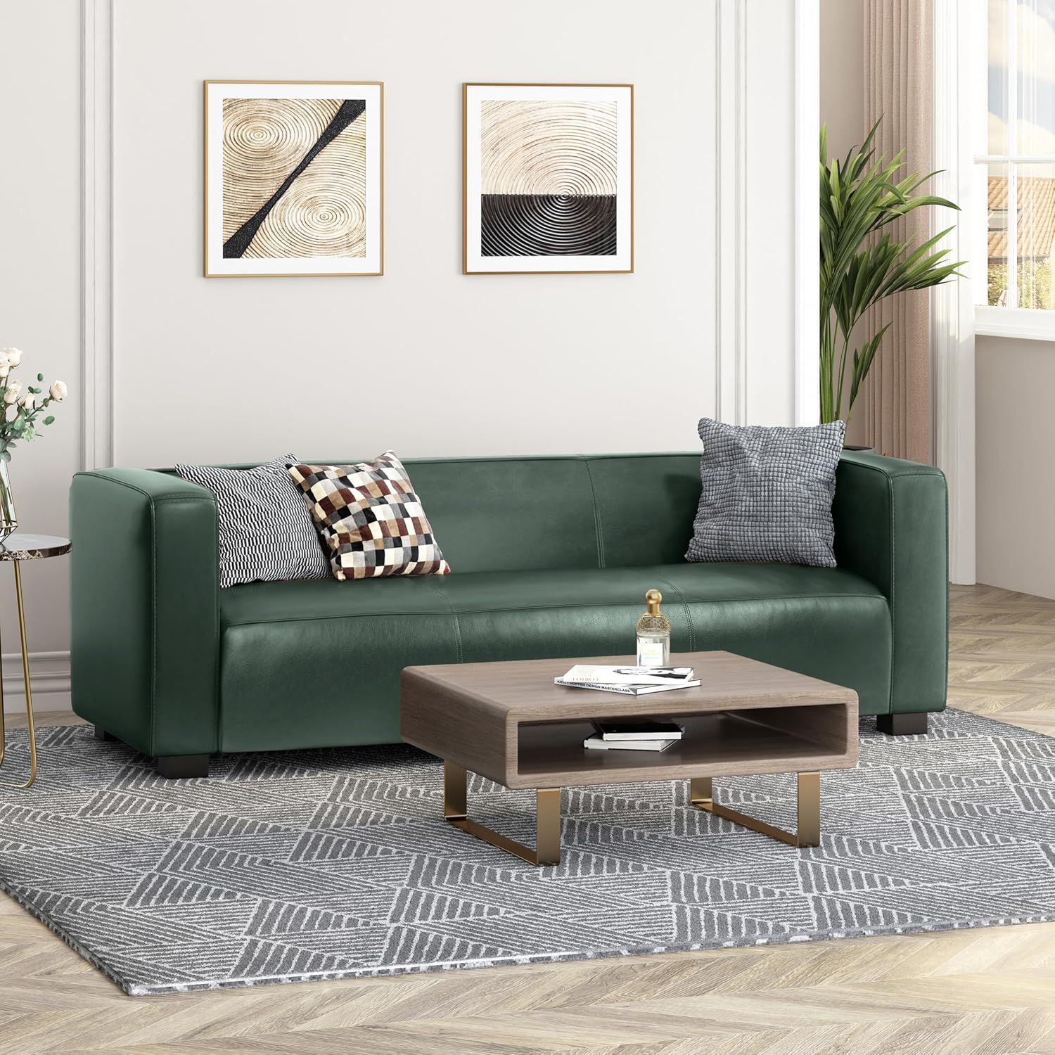 Christopher Knight Home Vevia Faux Leather Sofa, 3 Seater Couch, Upholstered Sofa, Large Lounge Chair, Birch Wood Legs Armchair, Classic Tuxedo Design Couch for Living Room Bedroom, Green