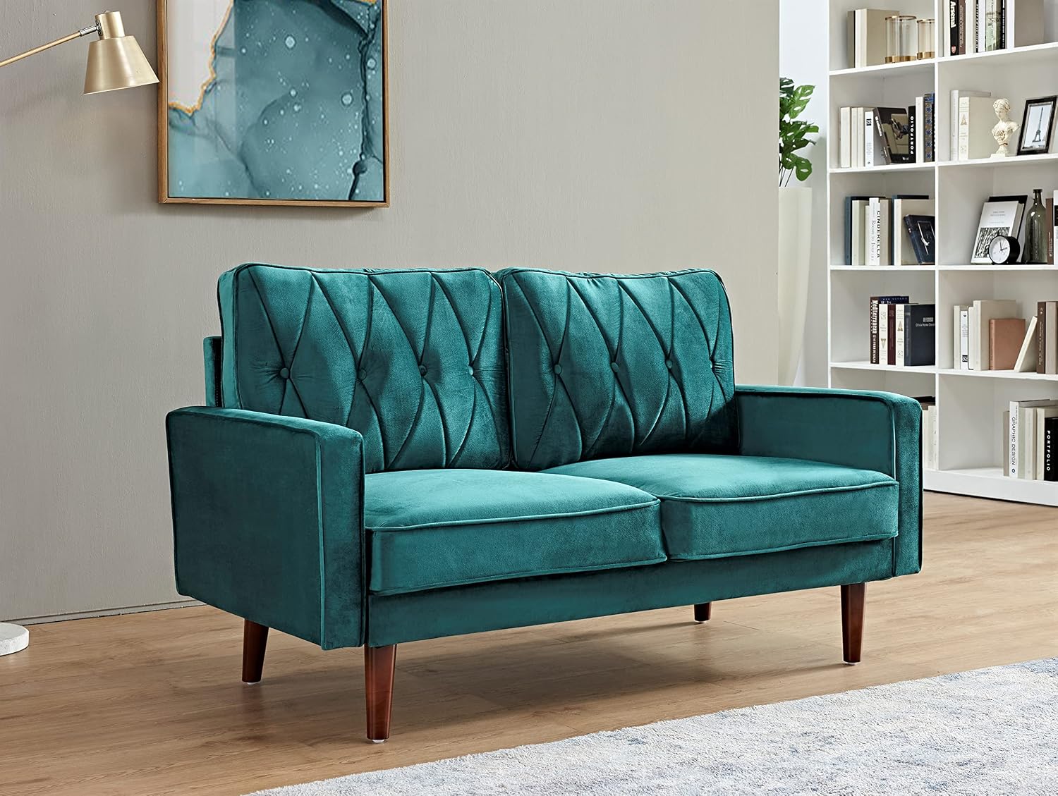 Container Furniture Modern Style Tufted Velvet Couches for Living Room with Soft Fabric Upholstery and Solid Wood Frame, 2 Piece Sofa and Loveseat Set, Green