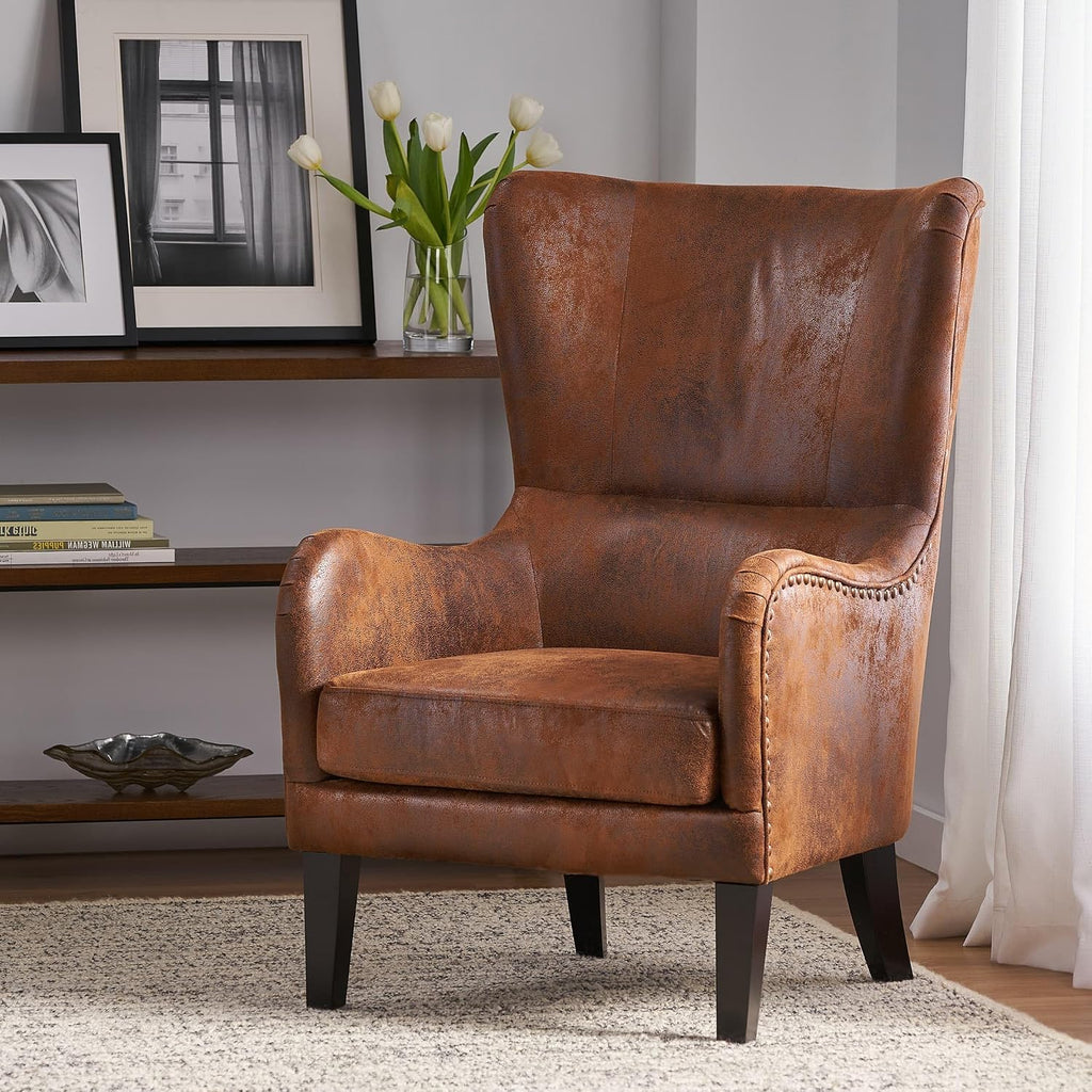Mid-Century Modern Accent Chairs, 27' Wide Wingback Club Chair with Nailhead Trim, Fabric Reading Living Room Side Chair, Faux Leather Armchair Sofa