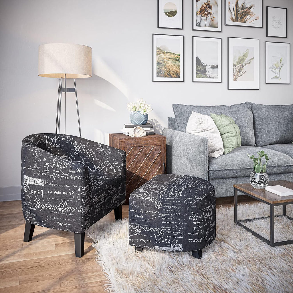 BELLEZE Accent Chair with Ottoman Set, Modern Upholstered Curved Back Barrel Armchair, Round Tub Reading Seating and Footrest for Living Room Bedroom - Black French Pattern/Linen