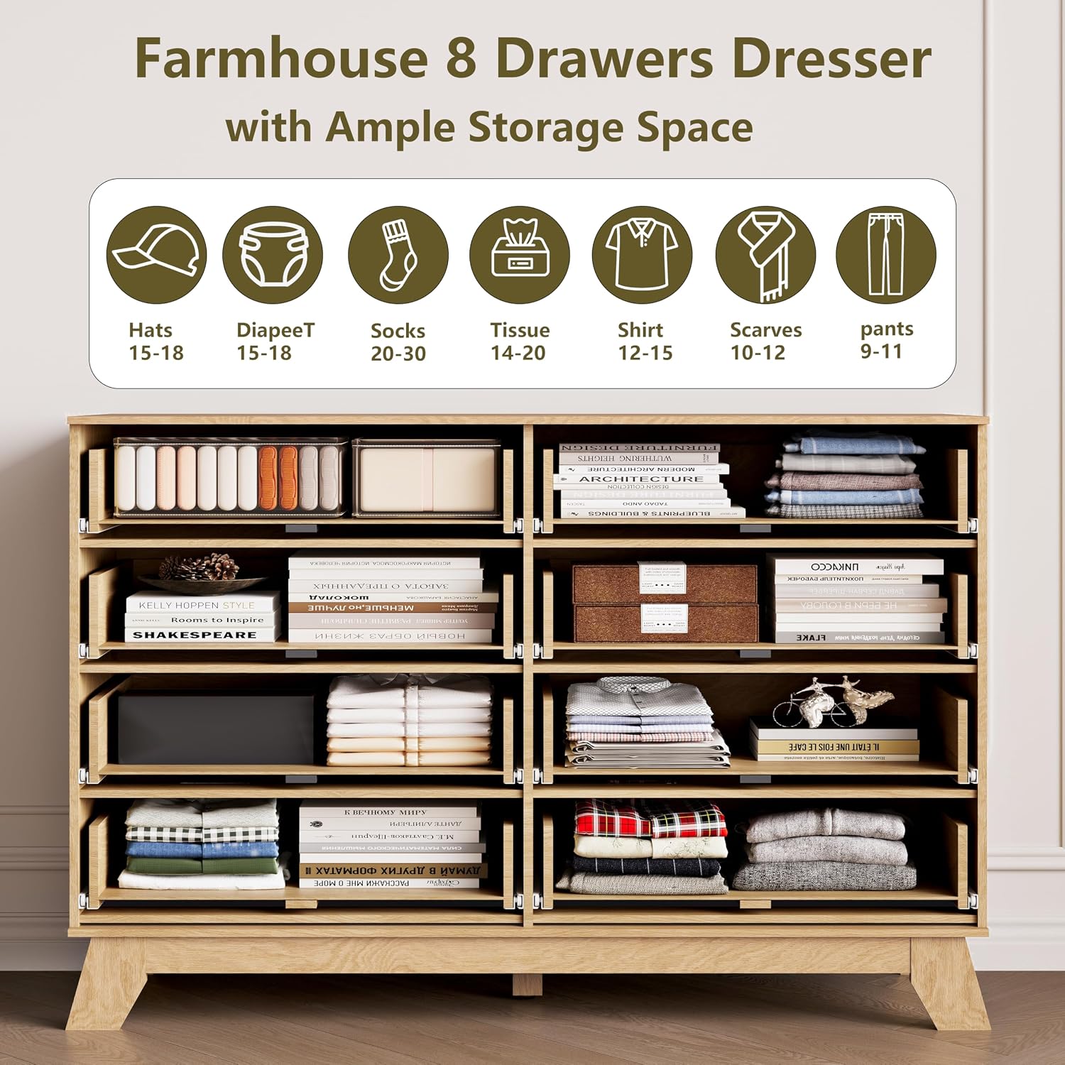 Fluted Dresser for Bedroom, 8 Drawer Dressers & Chest of Drawers, Mid Century Modern Dresser for Closet Boho Bedroom Furniture, Nature Wood Chest of Drawers Storage Organizer for Living Room, White