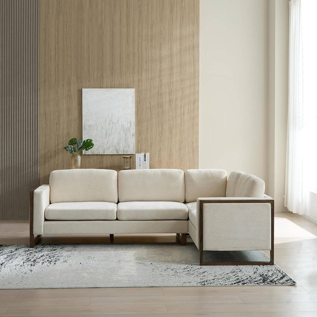 Christopher Knight Home Azir 104.00' Wooden Frame Modular L-Shape Sofa Couch, Modern Sectional Sofa with Thick Cushions for Living Room, Comfy Fabric Upholstered Couch with Deep Seat, Beige