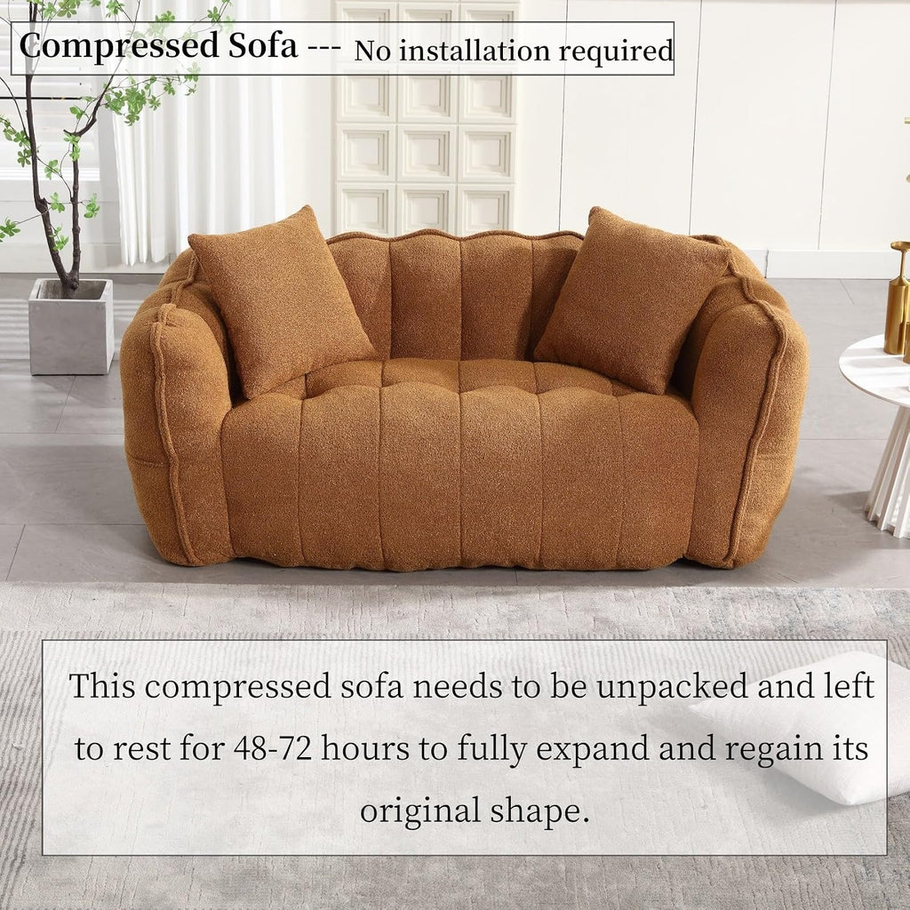 KEIKI Chenille Loveseat Giant Bean Bag Sleeper Sofa Chair, Upholstered Lazy Floor Couch with Pillows, High Resilience Foam Comfy Reading Chaise Lounge Recliner for Living Room Bedroom, Khaki
