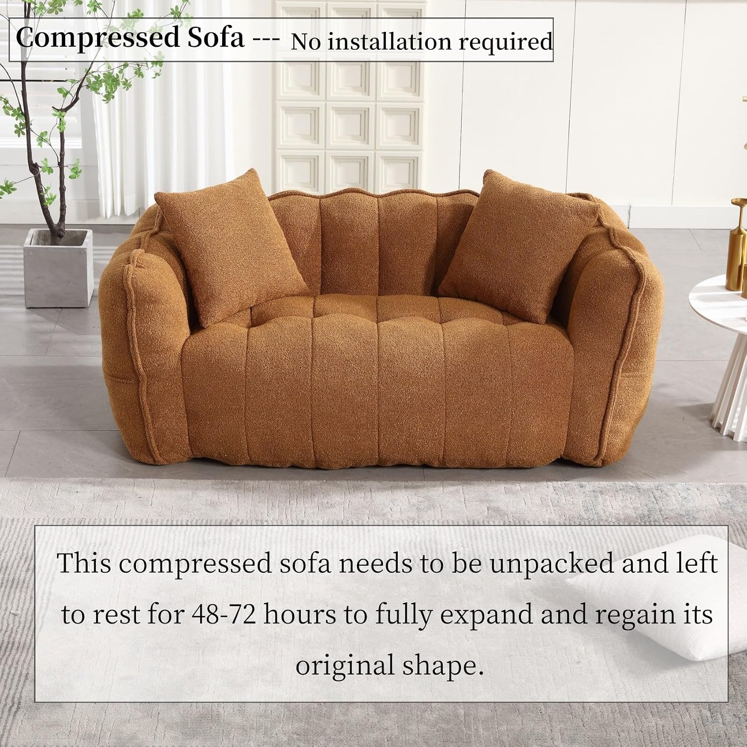 KEIKI Chenille Loveseat Giant Bean Bag Sleeper Sofa Chair, Upholstered Lazy Floor Couch with Pillows, High Resilience Foam Comfy Reading Chaise Lounge Recliner for Living Room Bedroom, Khaki