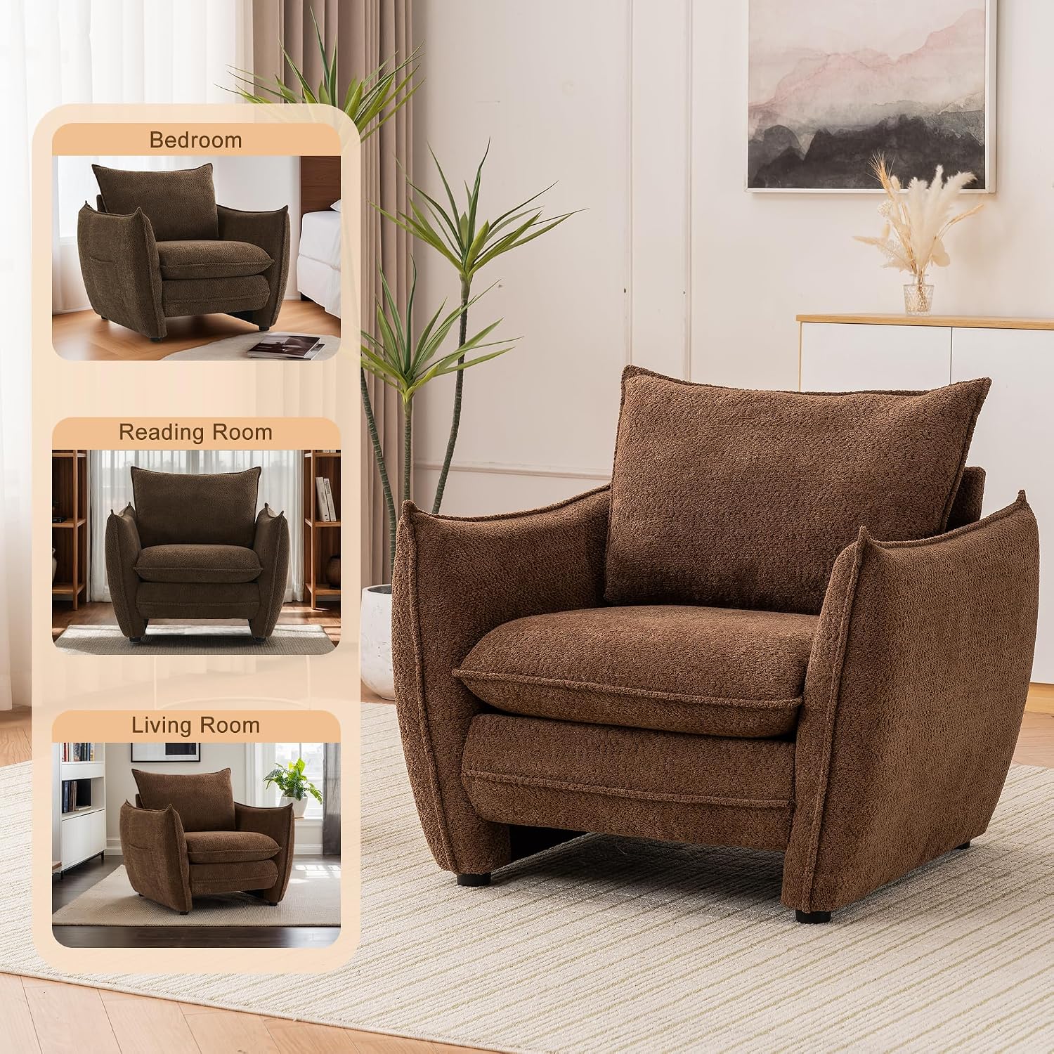 Oversized Accent Chair, Modern Single Sofa Cloud Chair with Removable Pillow, Deep Seat Comfy Armchair for Living Room Bedroom Reading Nook - Upholstered Lounge Chair (Brown)