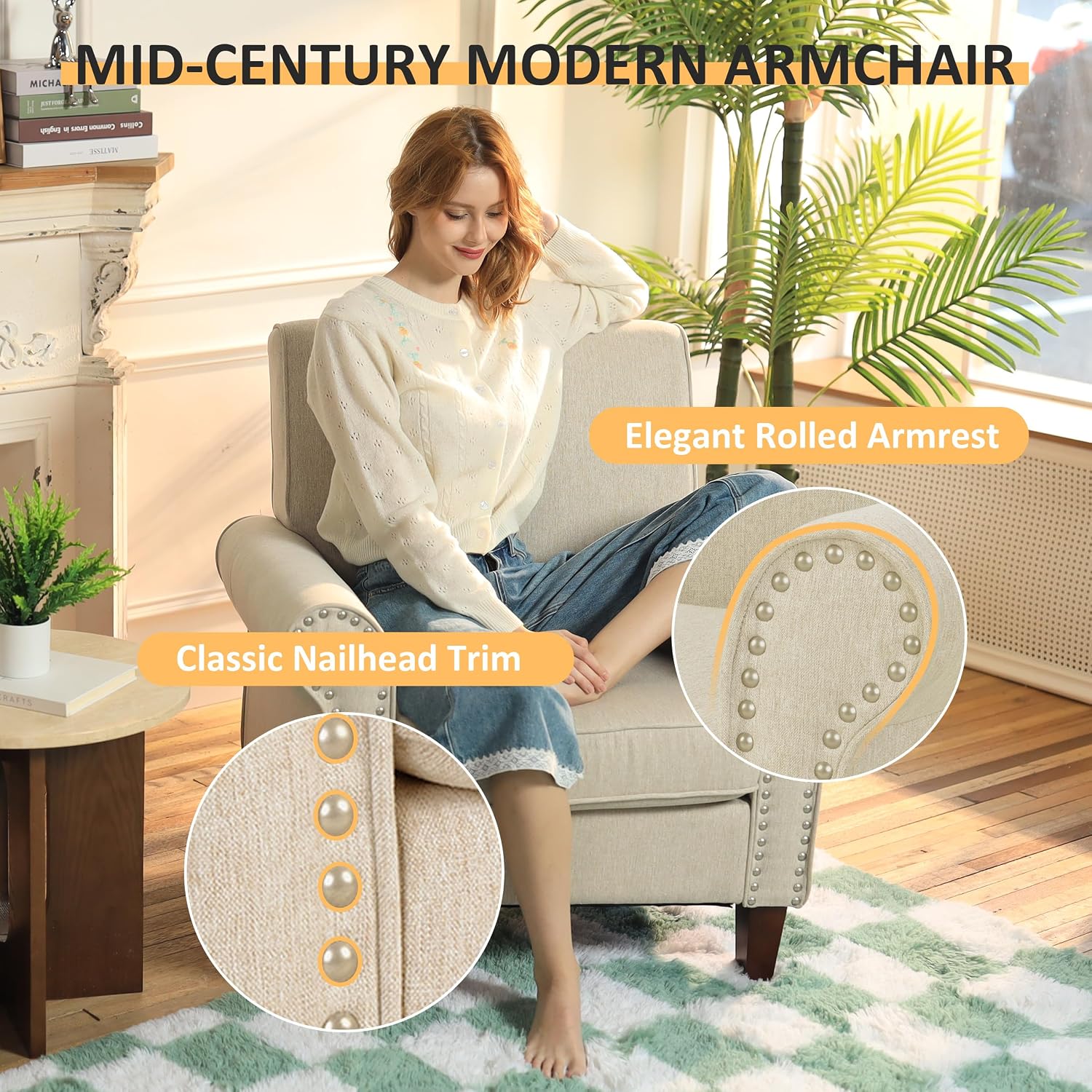 PrimeZone Comfy Accent Chair Set of 2, Mid-Century Modern Fabric Living Room Chair Reading Chair with Soft Cushion, Nailhead Trim & Rolled Armrest, Arm Chair Sofa Chair for Bedroom Waiting Room,Beige