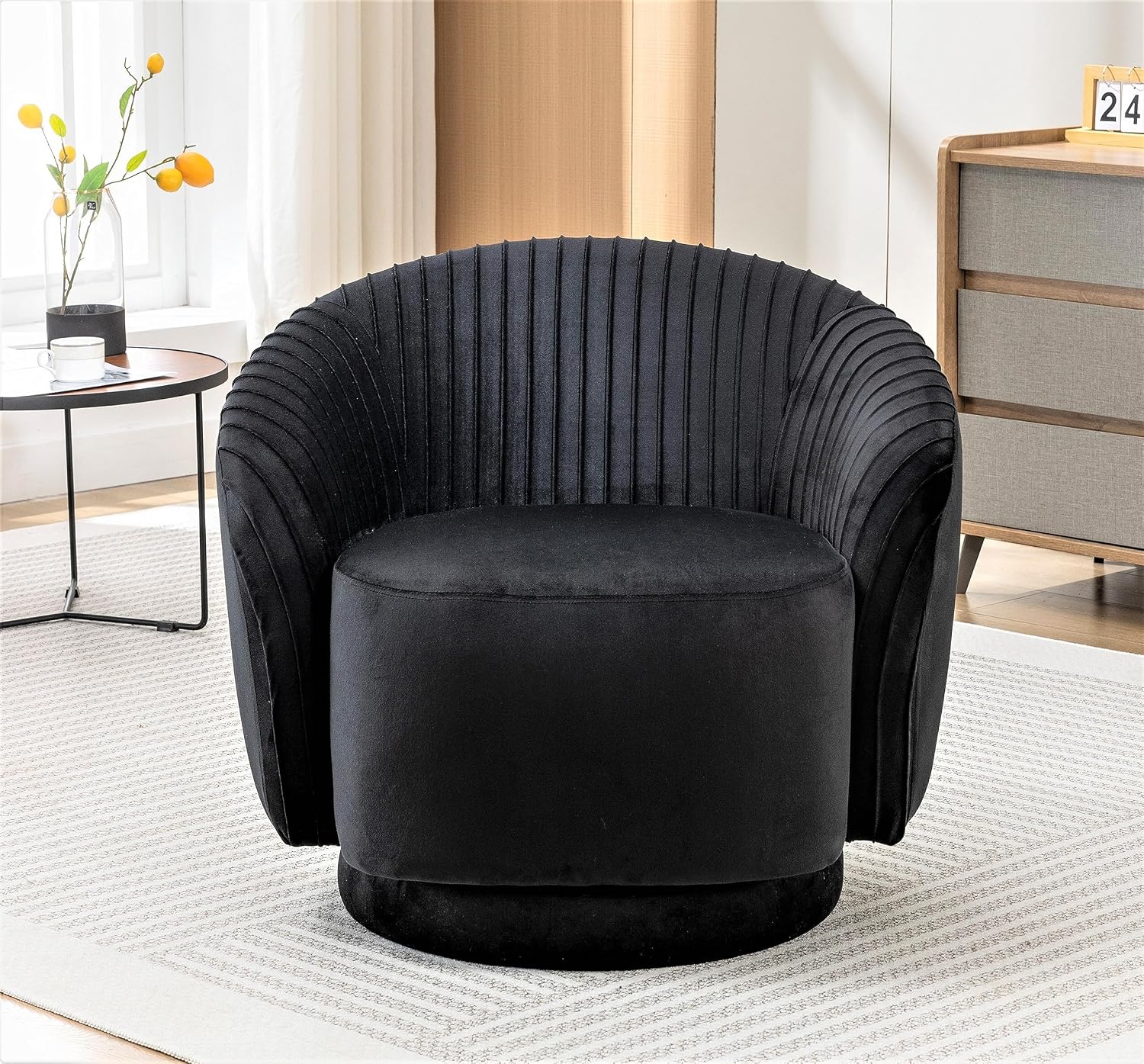 Container Furniture Direct Modern Barrel Swivel Chair with Plush Velvet Upholstery and Smooth 360° Rotation, Round Accent One-Seater Sofa for Living Room, Bedroom, and Office, Black