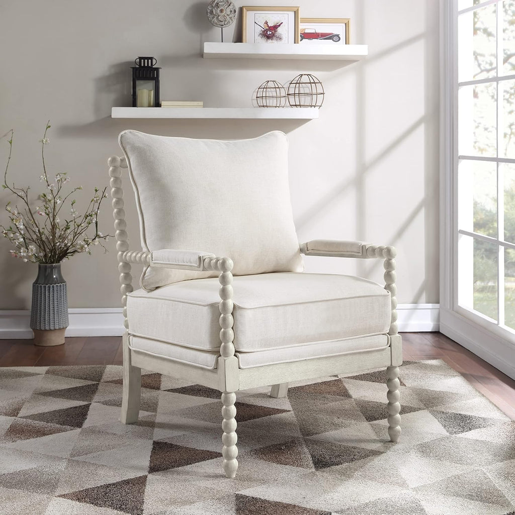 OSP Home Furnishings Kaylee Spindle Accent Chair with Antique White Wood Frame, White Linen Fabric