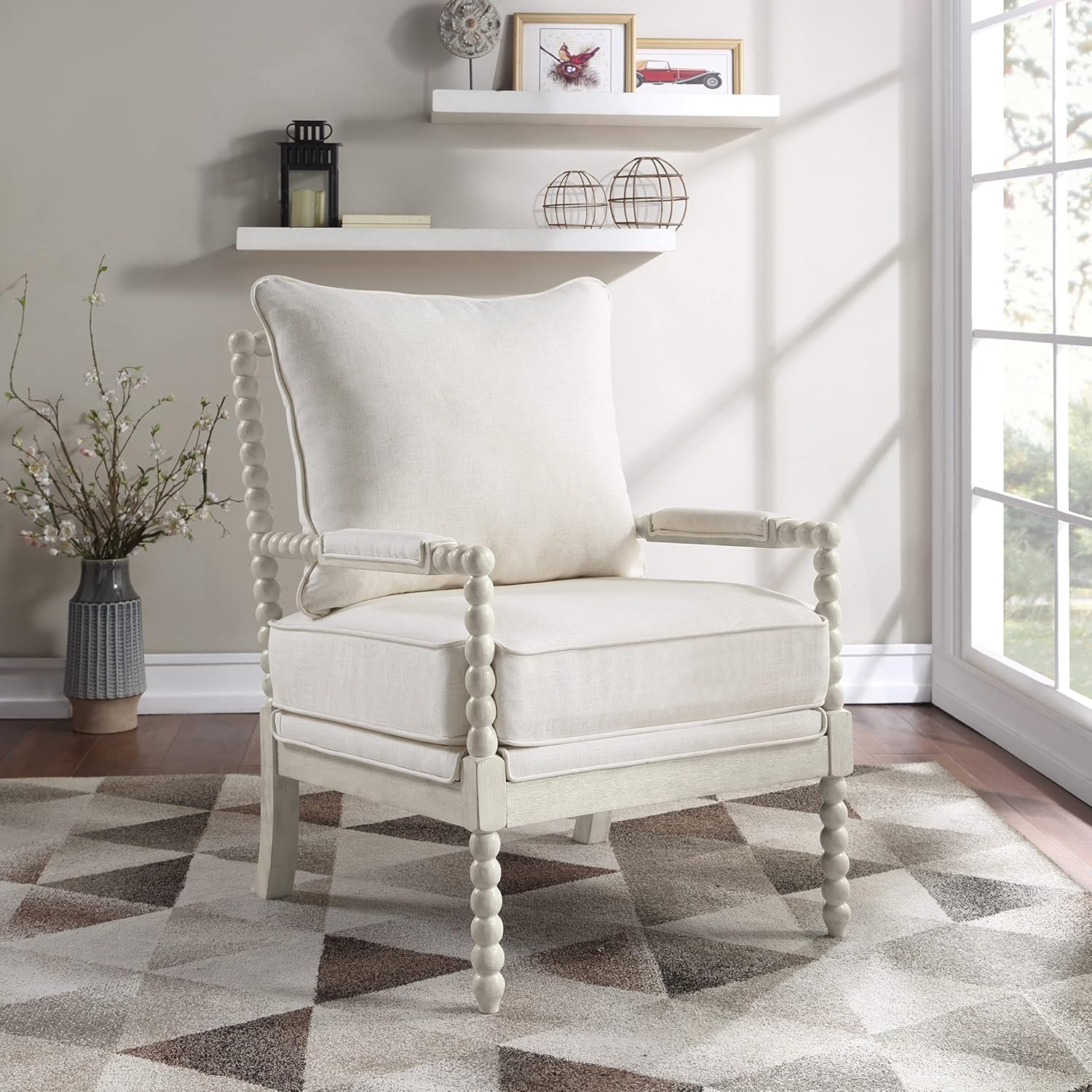 OSP Home Furnishings Kaylee Spindle Accent Chair with Antique White Wood Frame, White Linen Fabric