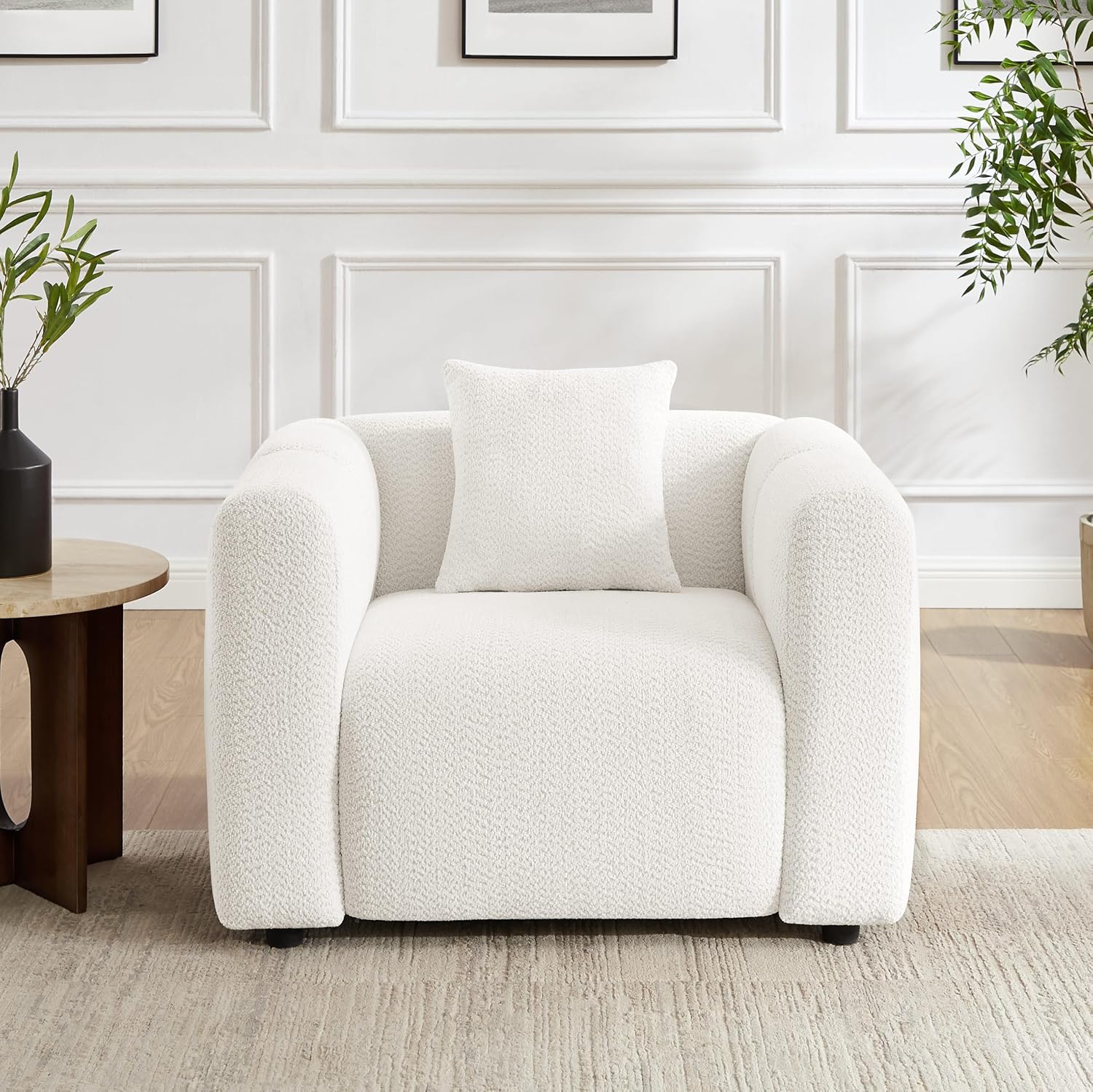 VANOMi 42' W Oversized Armchair, Modern Boucle Accent Chair with Pillow, Comfy Living Room Chairs for Reading, Office, Apartment, White
