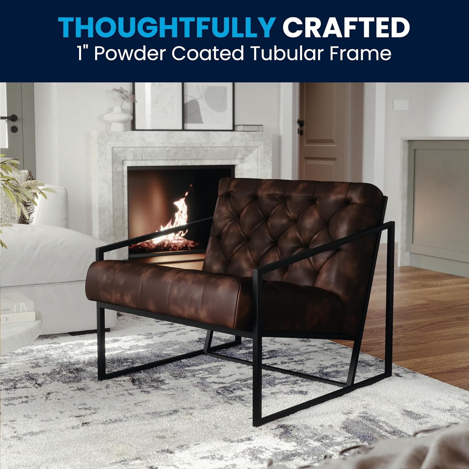 Flash Furniture Hercules Madison Series Bomber Jacket LeatherSoft Tufted Lounge Chair, Tufted Retro Accent Chair for Living Room or Office, Brown/Black