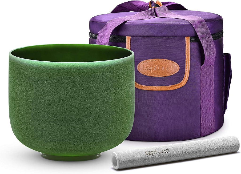 TOPFUND Green F Note Crystal Singing Bowl Heart Chakra 10 inch with Heavy Duty Carrying Case and Suede Mallet