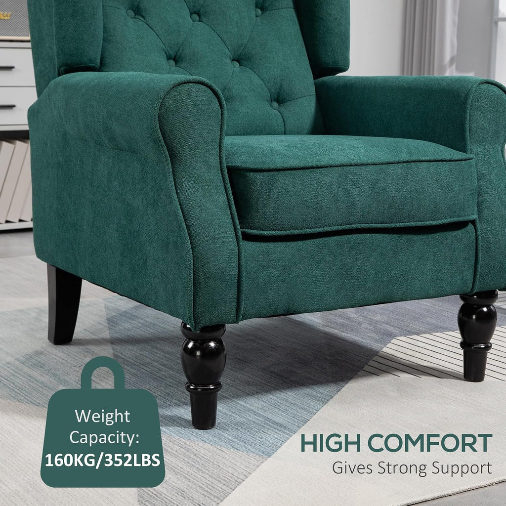 HOMCOM Mid-Century Modern Accent Chair, High Wingback Reading Chair, Button-Tufted Upholstered Fabric Armchair with Retro Wood Legs for Apartment, Living Room, Bedroom, Dark Green