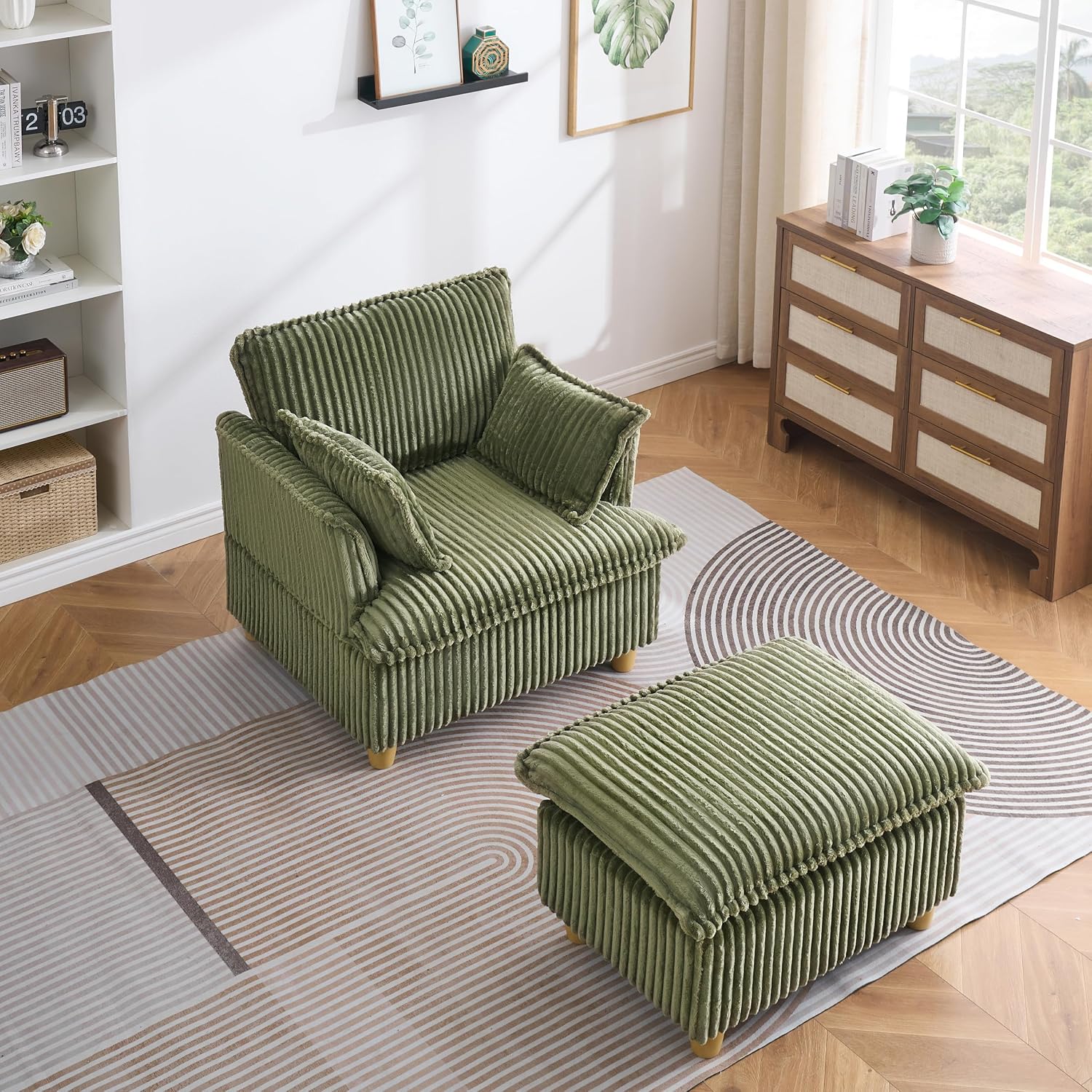 KEIKI Wide Corduroy Sofa Chair with Ottoman, Single Seat Chair Chaise Lounge, Corduroy Sleeper Couch for Living Room, Apartment, Salon, Home Theater, Green