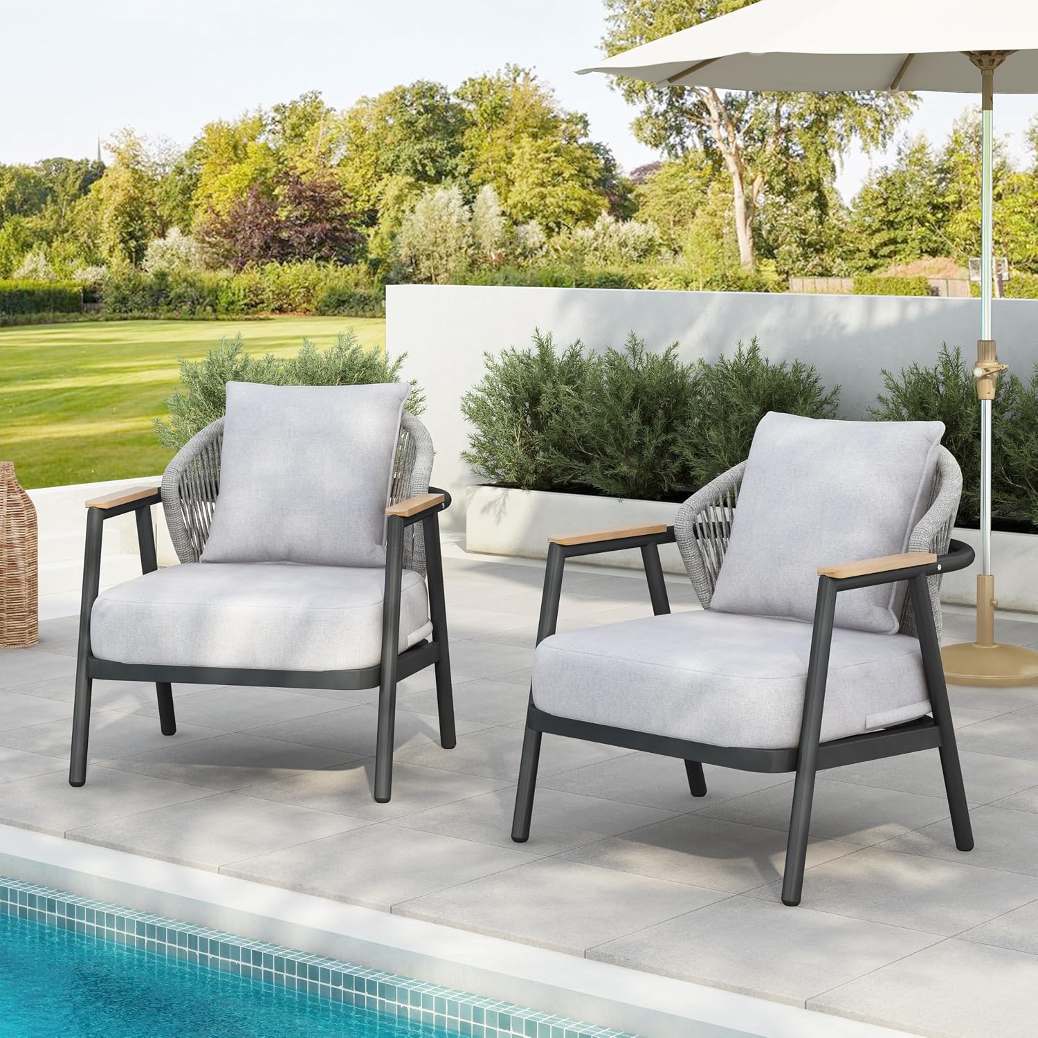 Christopher Knight Home Vine Iron Patio Club Chair Set of 2, Outdoor Accent Chair with Cushions, Wooden Patio Armchair, Ergonomic Comfy Reading Chair for Balcony, Backyard, Garden, Dark Grey+Grey