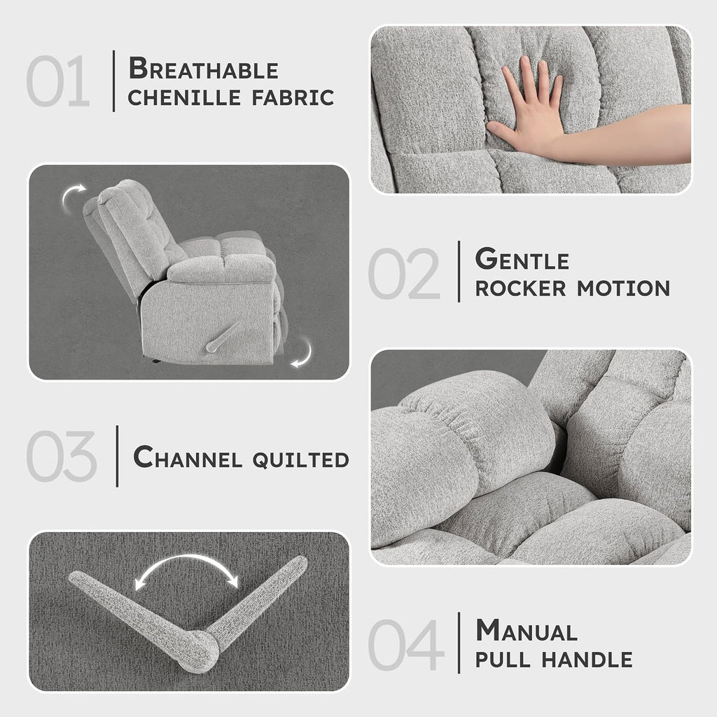 Lexicon Chenille Rocker Reclining Chair for Adults, Rocker Pull Handle Recliner, Nursery Chair for Living Room/Bedroom, High Back, Pillow Top Arms, High Density Foam Cushions, Light Grey