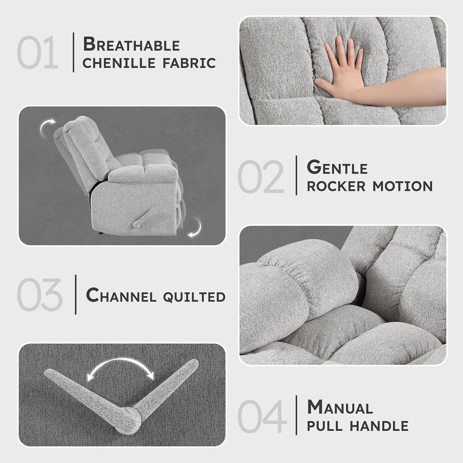 Lexicon Chenille Rocker Reclining Chair for Adults, Rocker Pull Handle Recliner, Nursery Chair for Living Room/Bedroom, High Back, Pillow Top Arms, High Density Foam Cushions, Light Grey