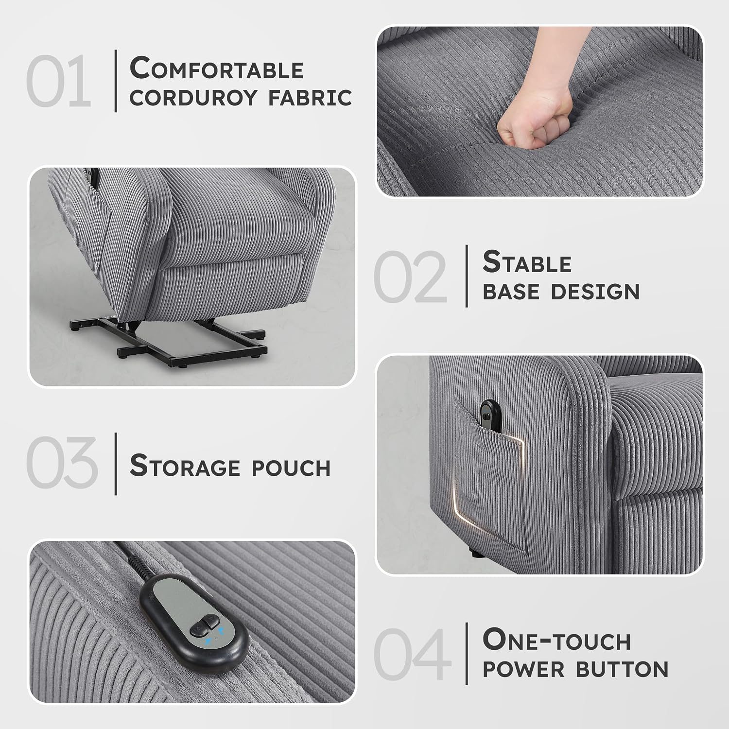 Lexicon Power Lift Recliner Chair for Elderly with Remote Control, Gentle Lift Motion, Side Pocket Armrest, Corduroy Upholstered Electric Recliner for Living Room/Bedroom, Easy Assembly, Dark Gray