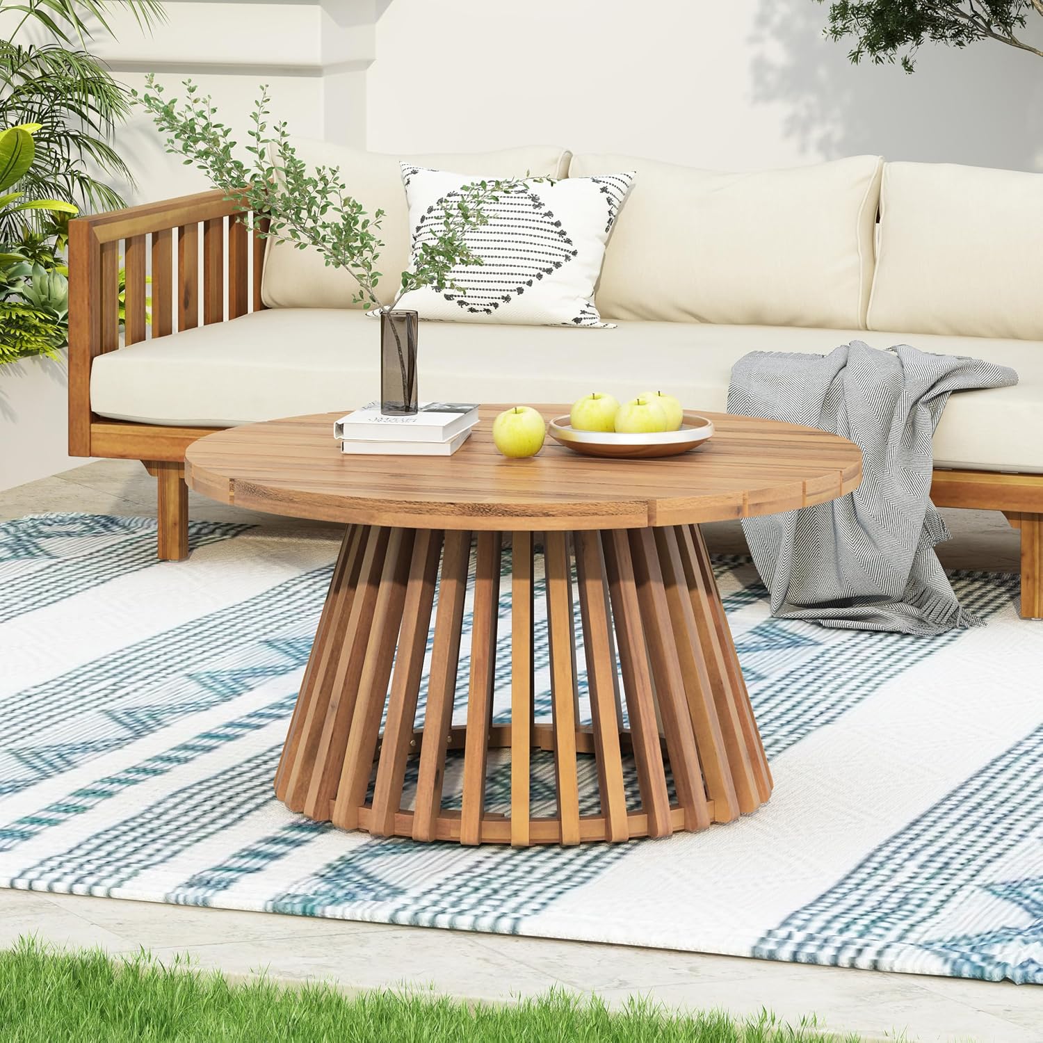 Christopher Knight Home Hakee Acacia Wood Patio Coffee Table, Round Coffee Table with Unique Wooden Base, Stylish Indoor/Outdoor Table, Easy Assembly, 31.5' x 31.5' x 16', Light Teak