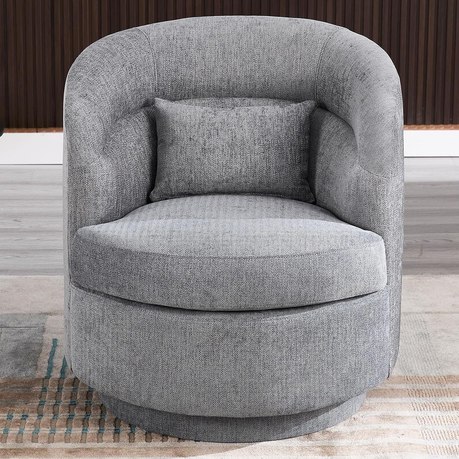 CANMOV Swivel Accent Chair, 360 Degree Round Swivel Barrel Chair with Pillow, Upholstered Comfy Barrel Armchair Single Club Sofa Chair for Living Room,Bedroom, Reading Room, Dark Grey