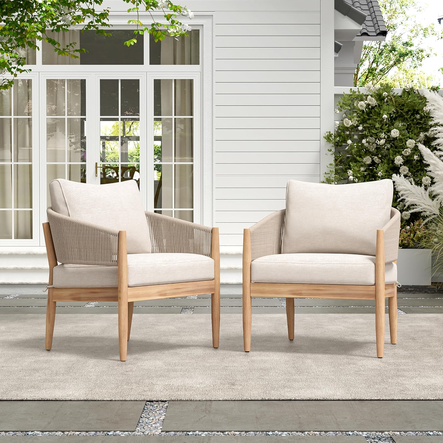 Christopher Knight Home Naomi Set of 2 Patio Acacia Wood Club Chair with Cushion, Handwoven Rope Lounge Chair Outdoor for Porch/Backyard, Stylish Garden Seating with Curved Backrest, Beige+Light Brown