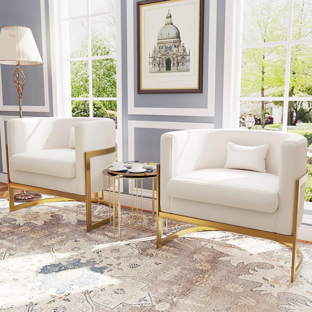 Velvet Accent Chair Modern Barrel Chair with Gold Legs Upholstered Armchair for Bedroom Living Room Sofa Chair Club Side Chairs Ivory