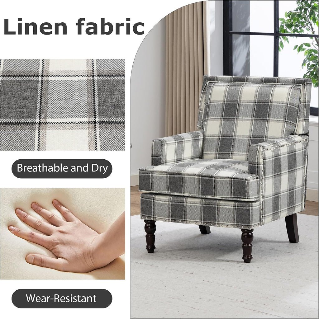 Accent Chair, Plaid Gingham Comfy Cozy Modern Mid-Century Accent Chairs Upholstered Lounge Arm Chair with Solid Wood Frame for Living Room/Bedroom-Gray Plaid