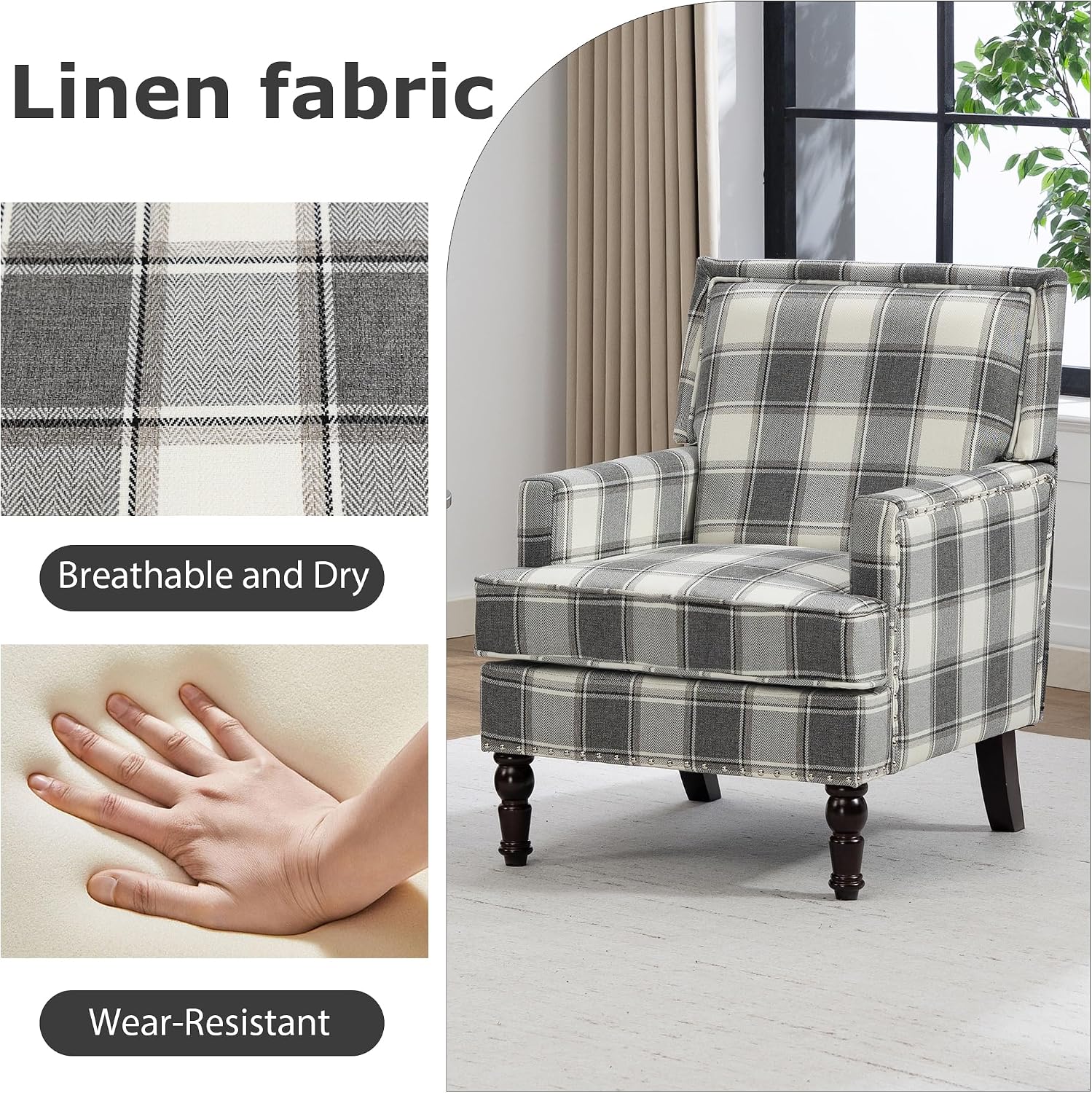 Accent Chair, Plaid Gingham Comfy Cozy Modern Mid-Century Accent Chairs Upholstered Lounge Arm Chair with Solid Wood Frame for Living Room/Bedroom-Gray Plaid