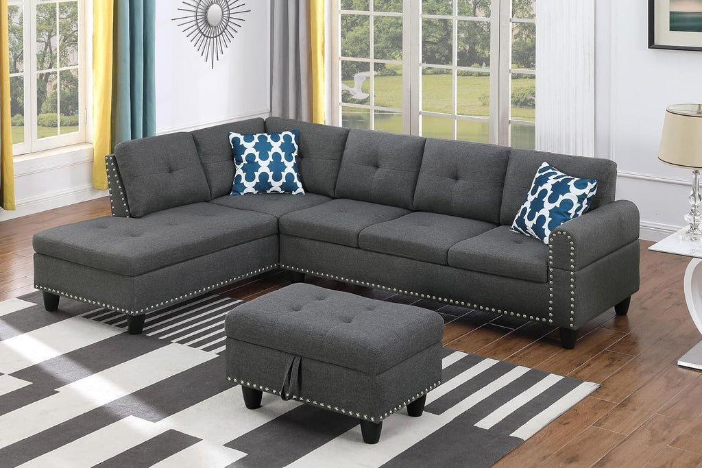Favfurish L Shape Modular Sectional Sofa with Cup Holders and Storage Ottoman,5-Seater Tufting Upholstered Corner Couch for Living Room,Apartment,Home Furniture Sets,Dark Gray Left Chaise,98 Inch