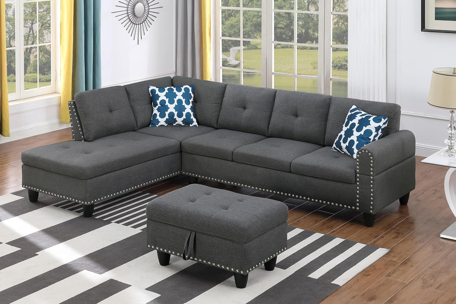 Favfurish L Shape Modular Sectional Sofa with Cup Holders and Storage Ottoman,5-Seater Tufting Upholstered Corner Couch for Living Room,Apartment,Home Furniture Sets,Dark Gray Left Chaise,98 Inch