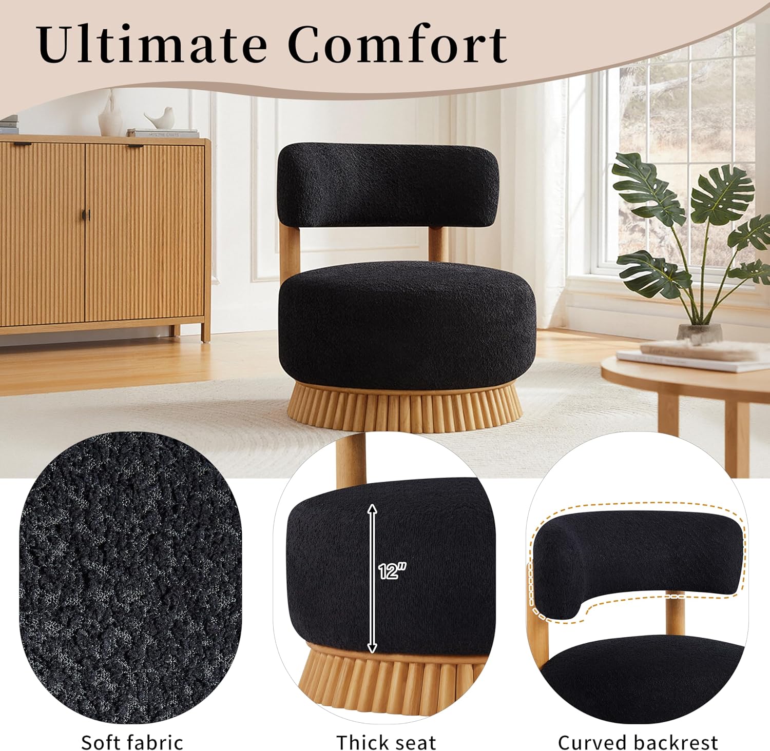 Christopher Knight Home Eloise Modern Accent Chair Set of 2, Boucle Upholstered Lounge Chair Indoor with Wooden Frame, Comfy Reading Chair for Bedroom, Black+Natural