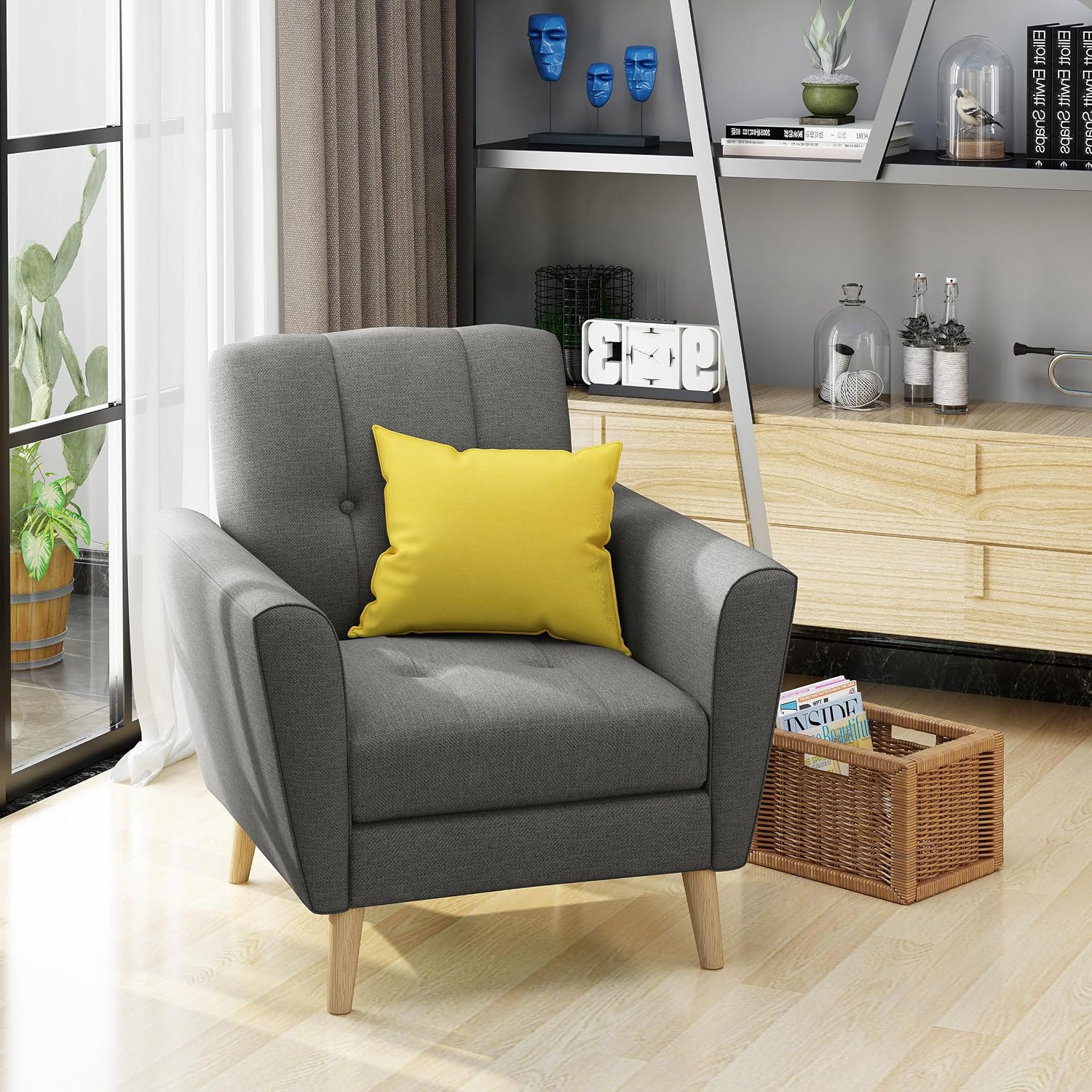 Christopher Knight Home Azjzi Mid-Century Club Chair, Button Tufted Back Upholstered Fabric Accent Chair with Rubberwood Legs, Living Room Armchair, 33.5' High, Gray