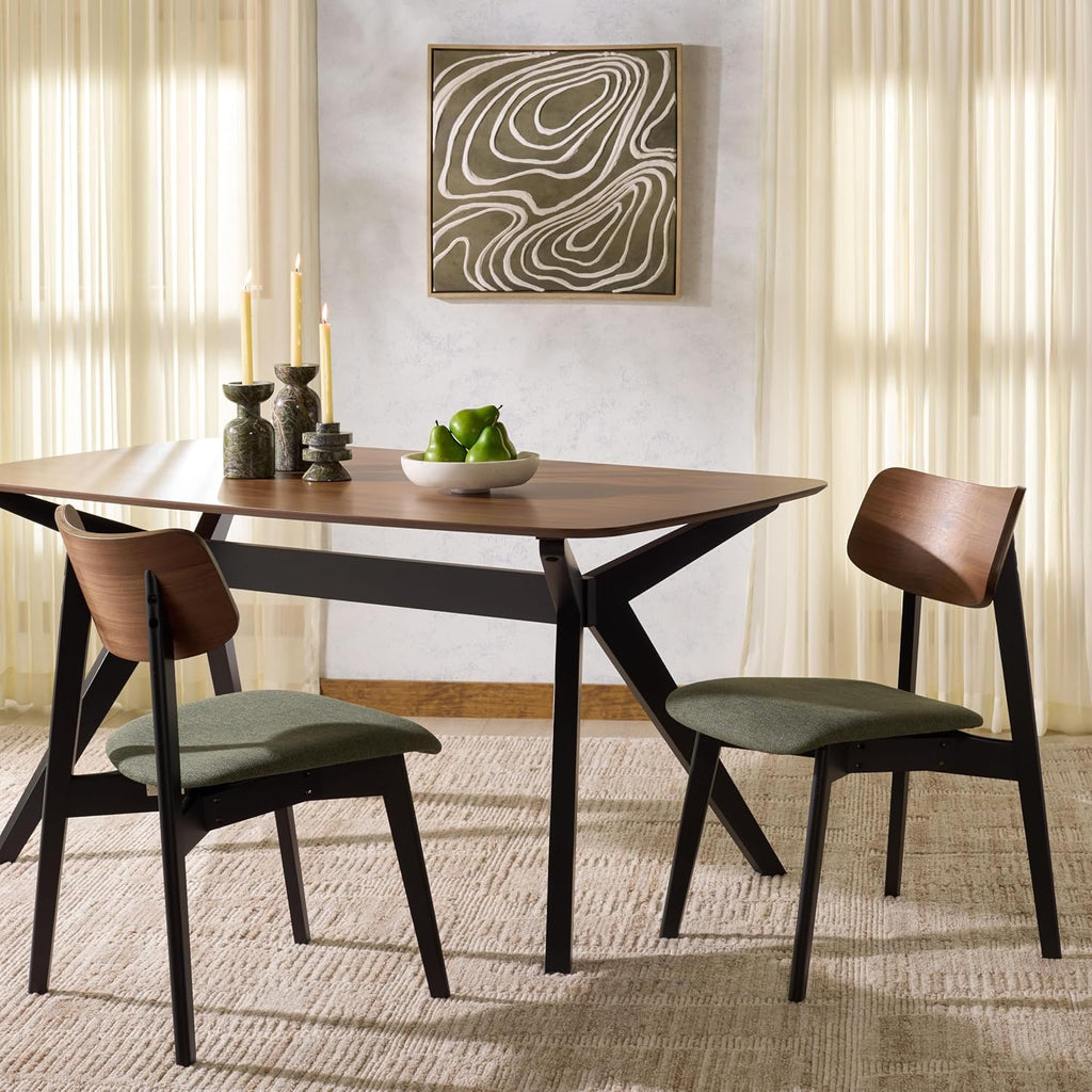 SAFAVIEH Couture Collection - Divya Walnut & Olive Green Dining Chair Set of 2, Mid-Century Modern Wood & Linen Upholstered Accent Chairs (SFV6710B-SET2)