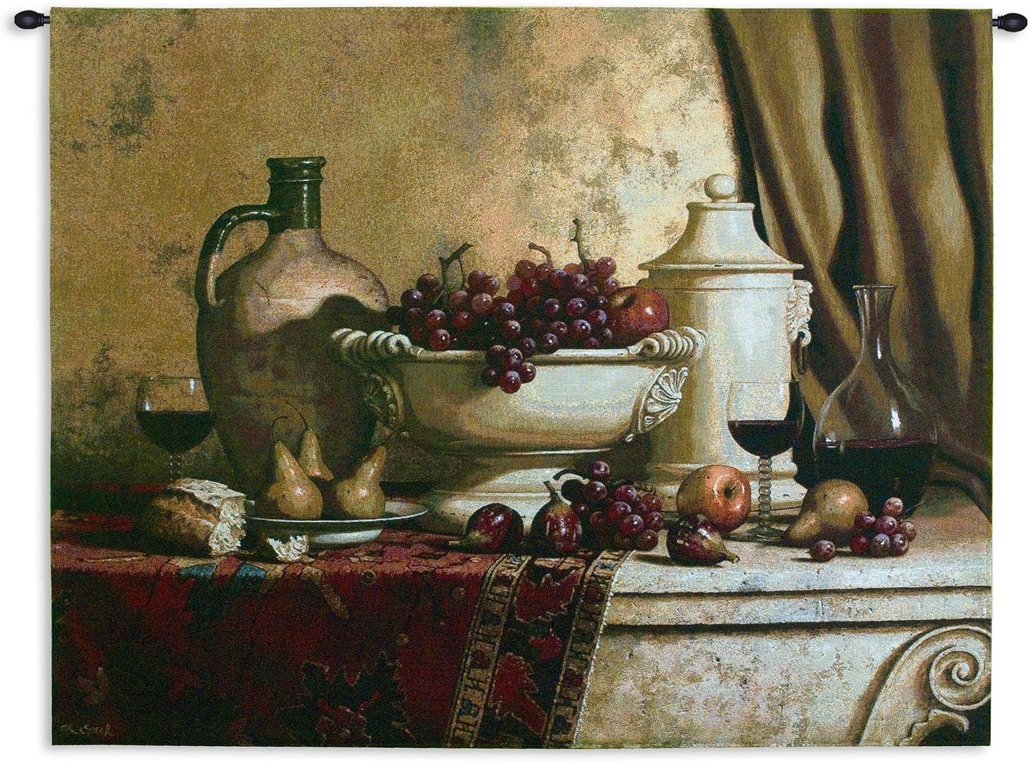 Italian Feast by Loran Speck | Woven Tapestry Wall Art Hanging | Fruit and Wine Still Life Rembrandt Style | 100% Cotton USA Size 53x42